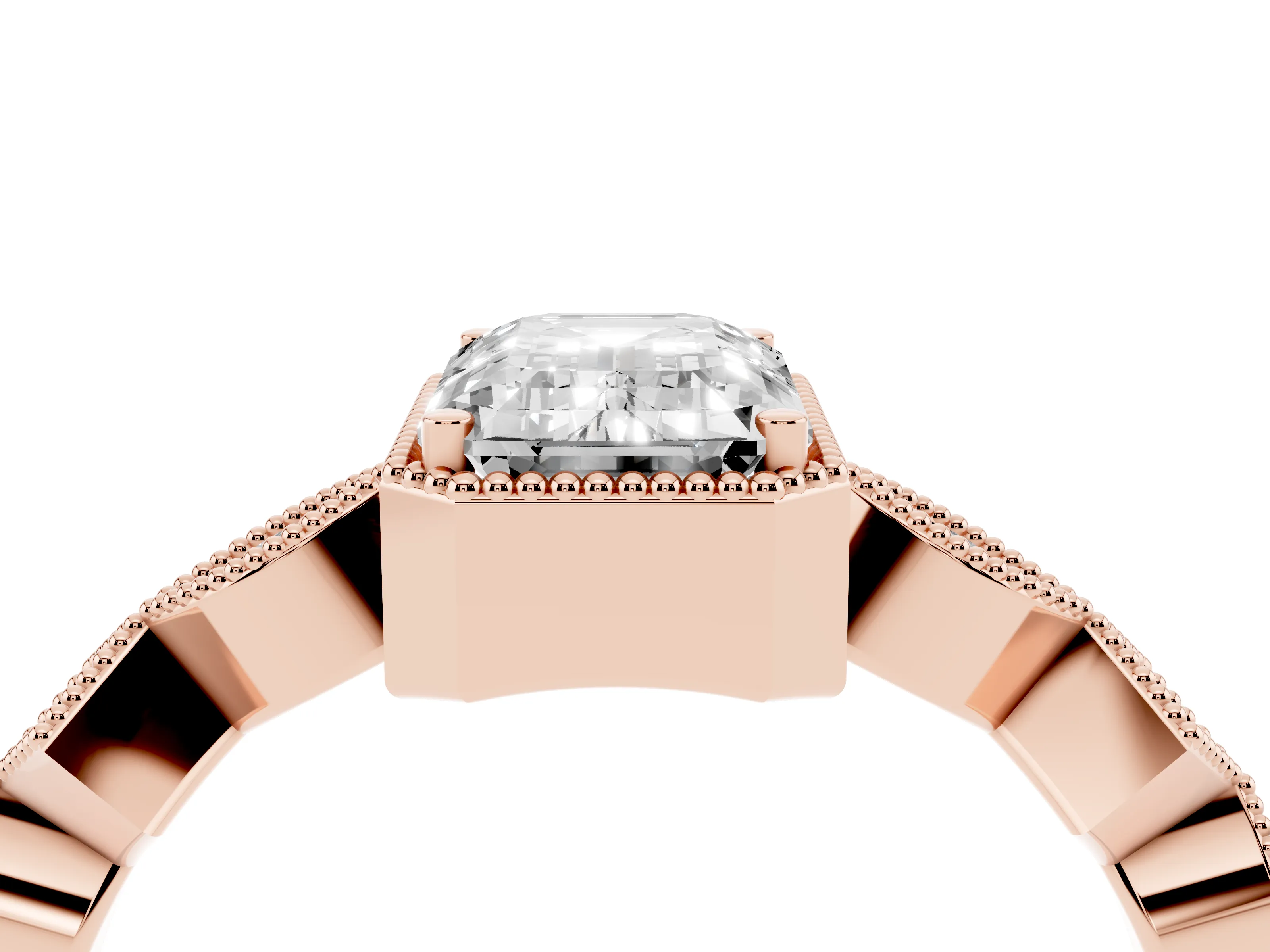Emerald Cut Diamond Milgrain Marquise Twist Band Ring Set in Rose gold with Prong Setting