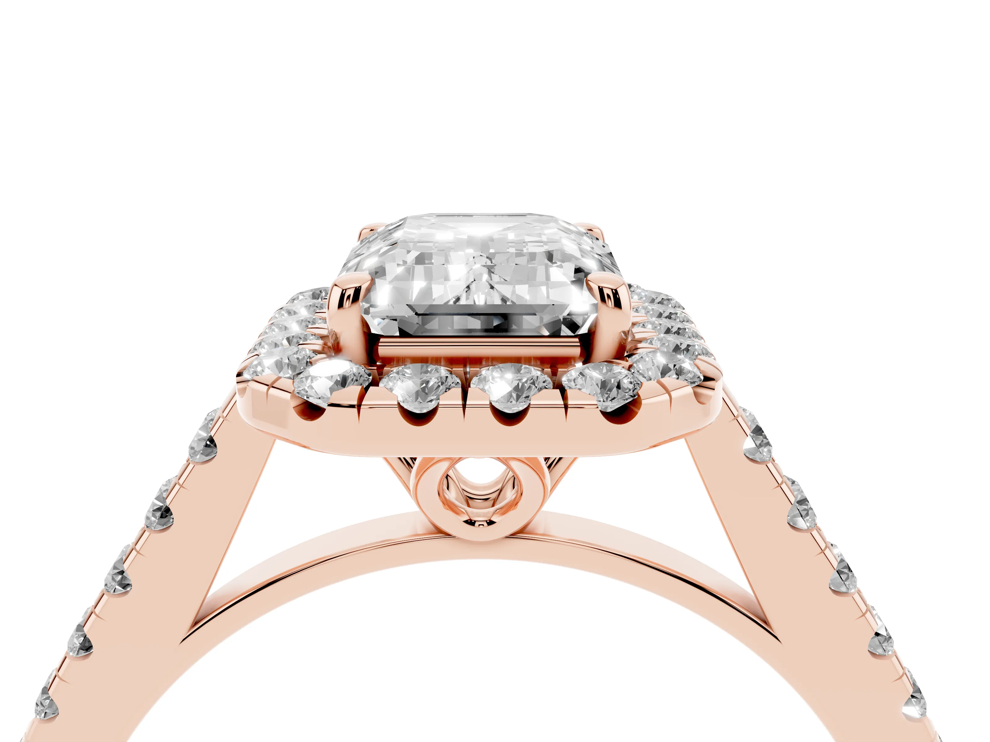 Emerald Cut Diamond Pavé Halo Engagement Ring Set in Rose gold with Pavé Band and Prong Setting