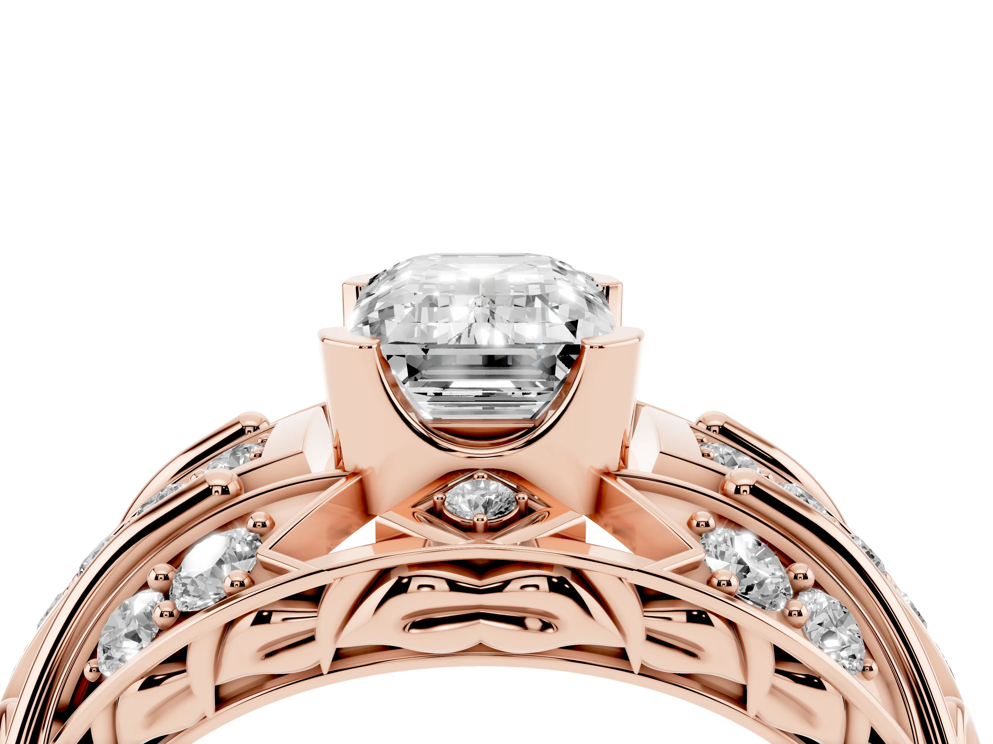 Emerald Cut Diamond Art Deco Ring Set in Rose gold with Pavé Split Shank