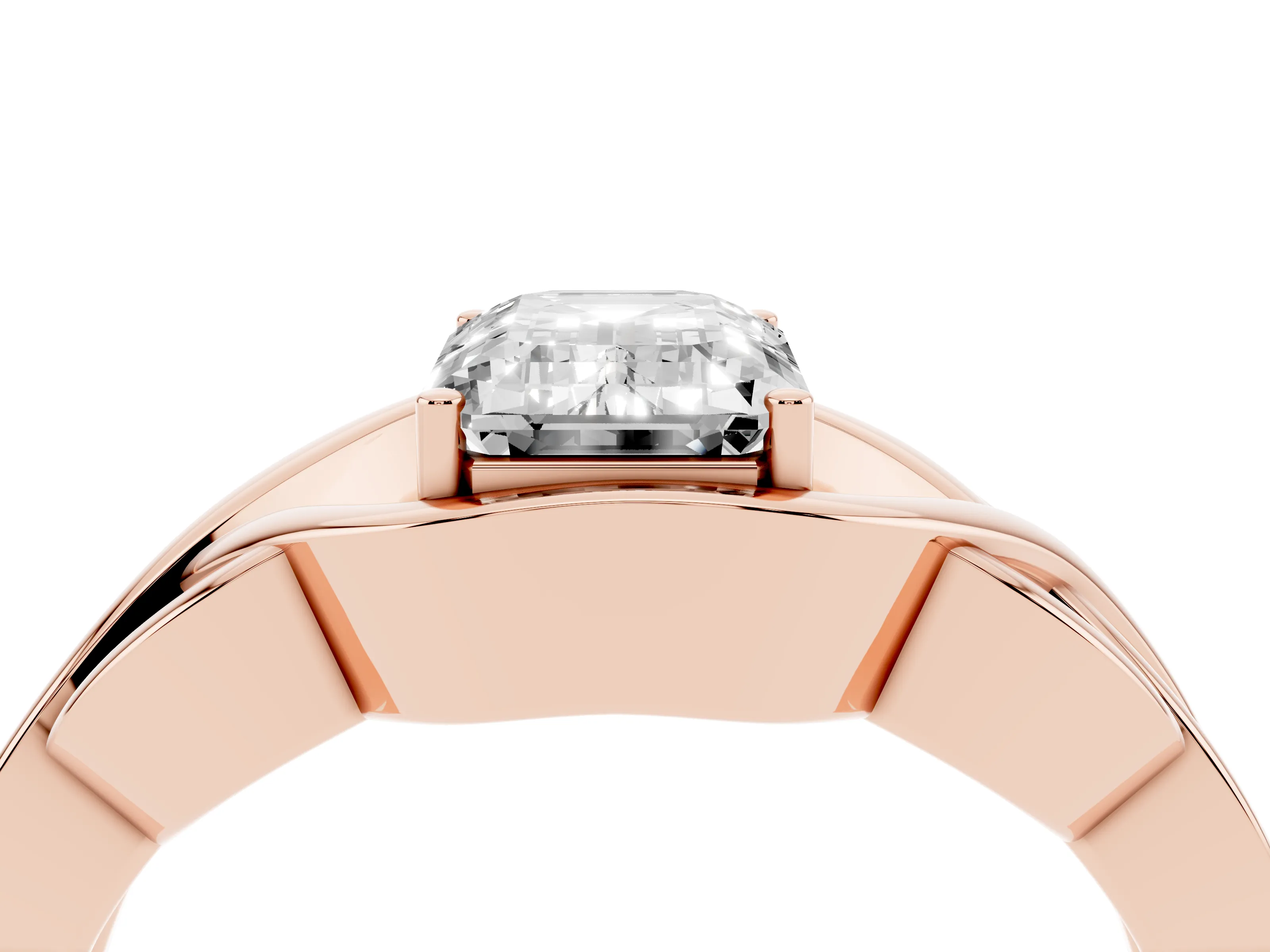 Emerald Cut Diamond Solitaire Ring Set in Rose gold with Intertwined Band