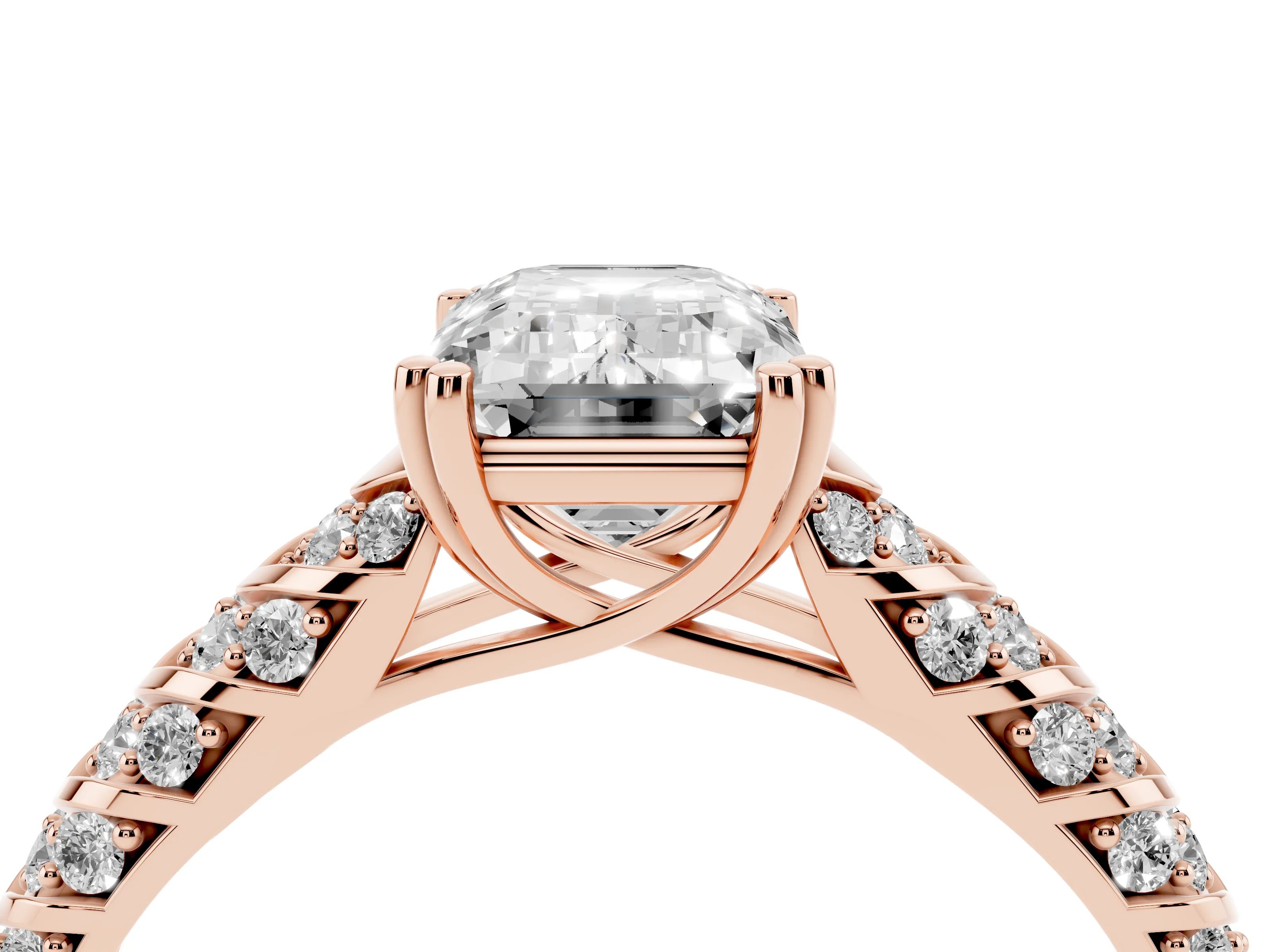 Emerald Cut Diamond Solitaire Chevron Pavé Engagement Ring Set in Rose gold with Prong Setting