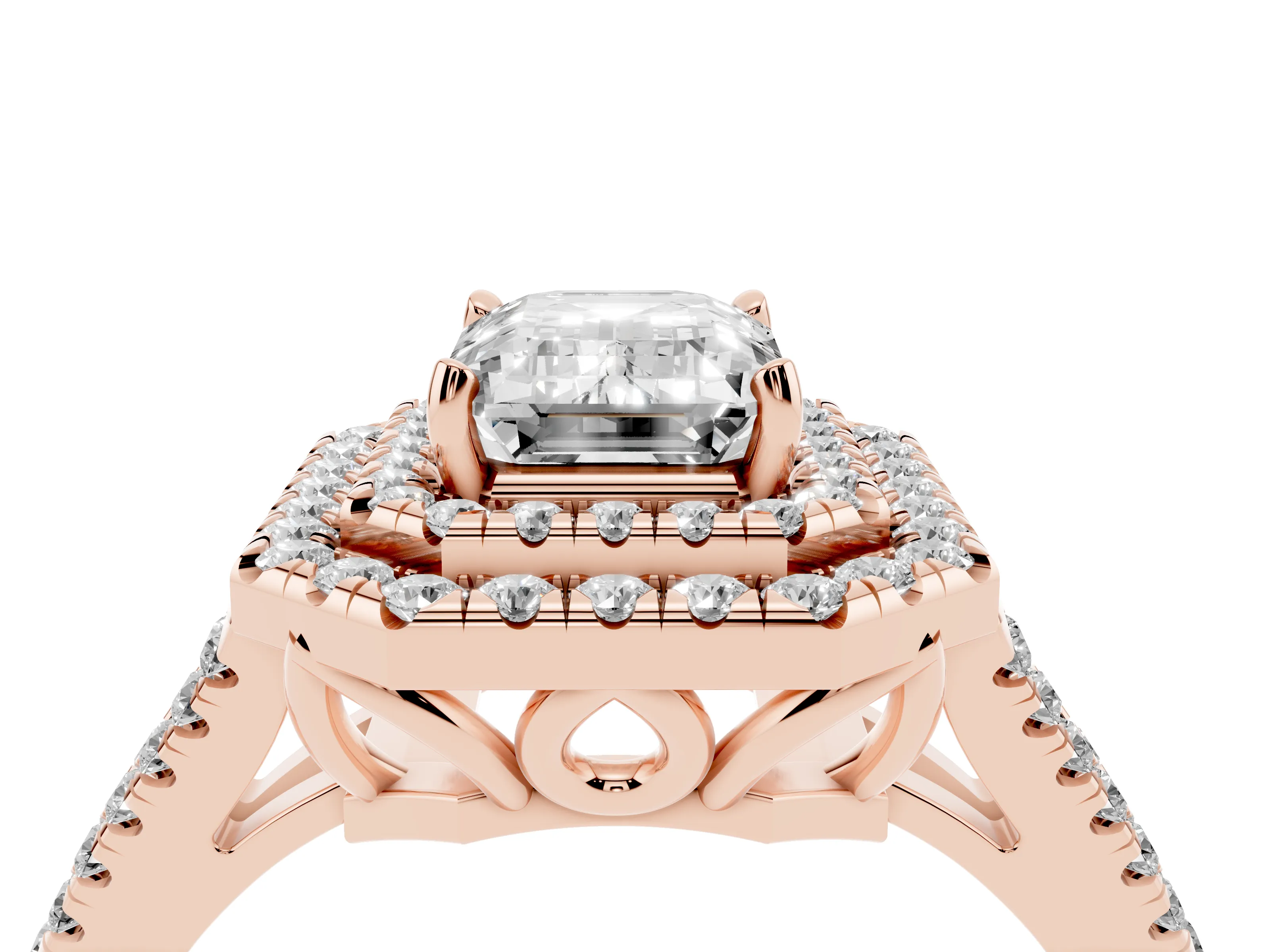 Emerald Cut Diamond Double Halo Ring Set in Rose gold with Pavé Band