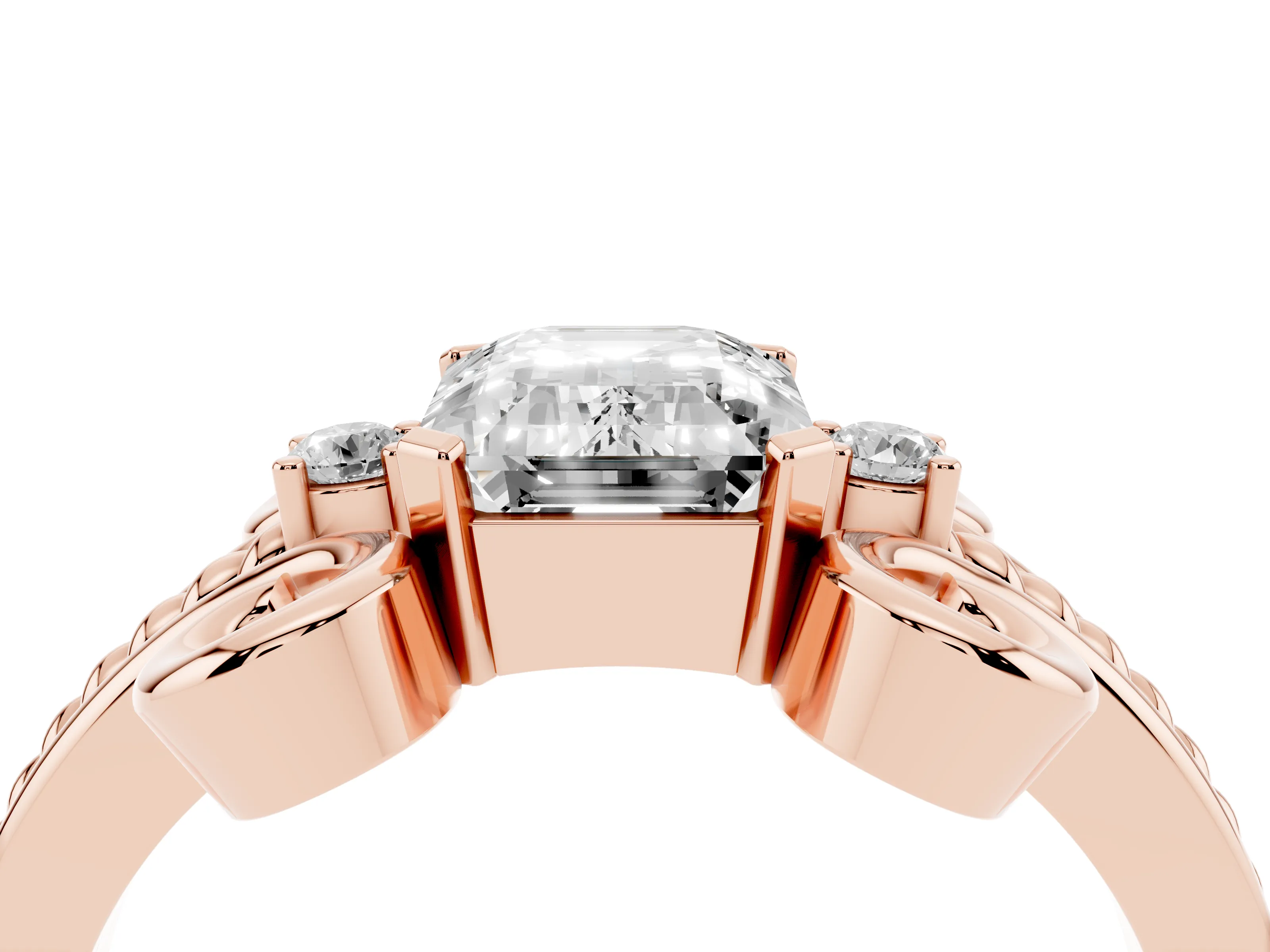 Emerald Cut Diamond Twisted Band Solitaire Ring Set in Rose gold with Scroll Prongs