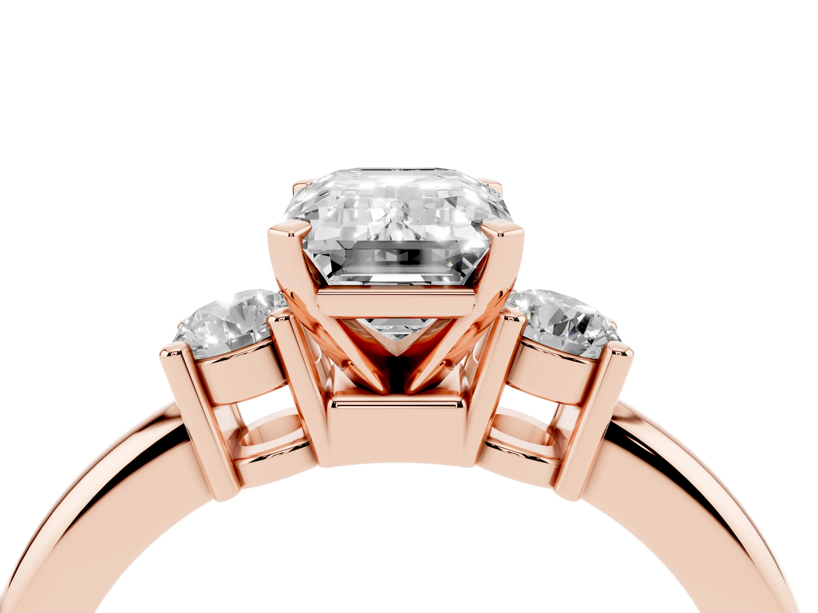 Three-Stone Emerald Cut Diamond Ring Set in Rose gold with Prong Setting and Plain Band