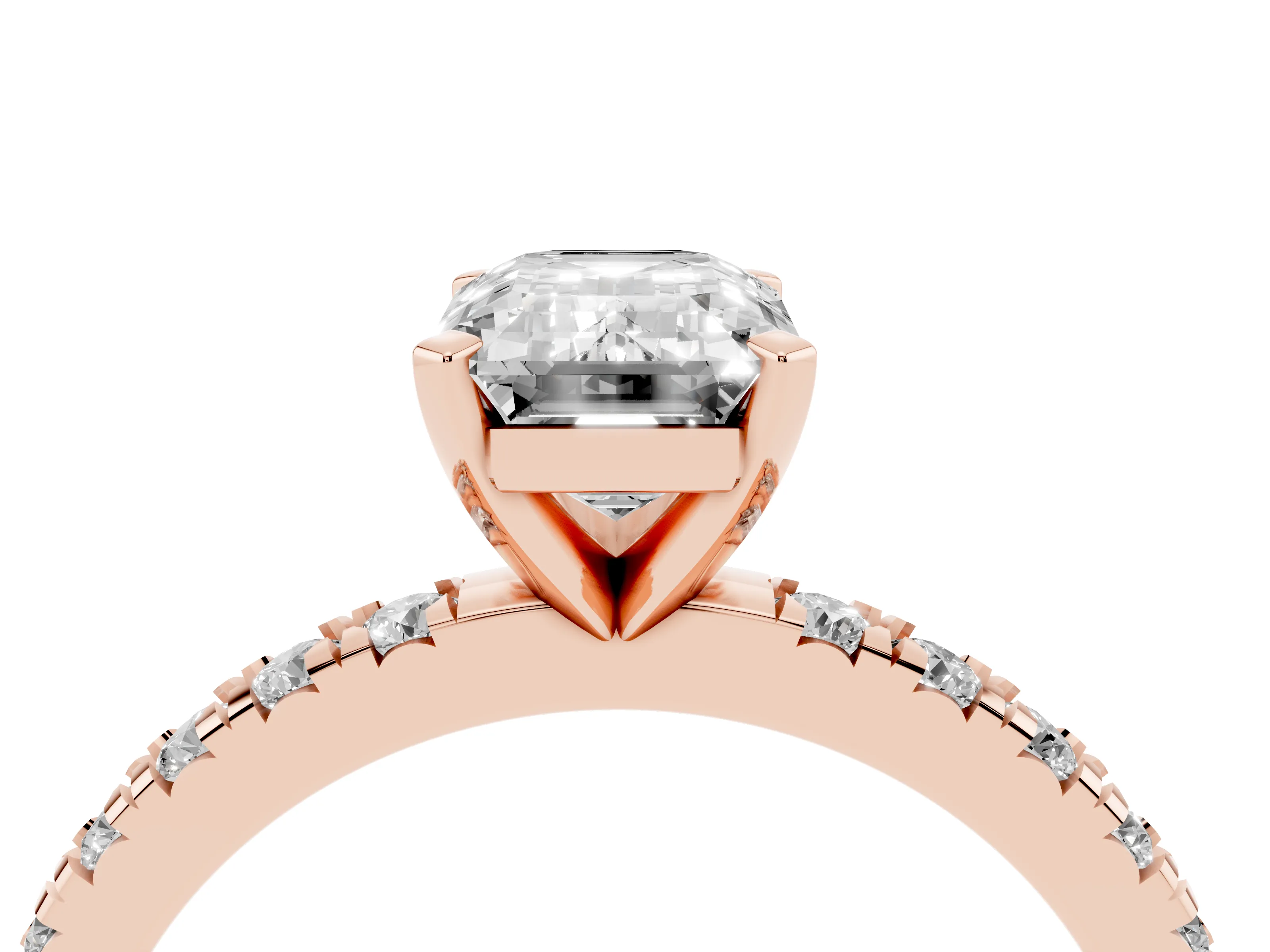 Emerald Cut Diamond Pavé Band Solitaire Set in Rose gold with Prong Setting
