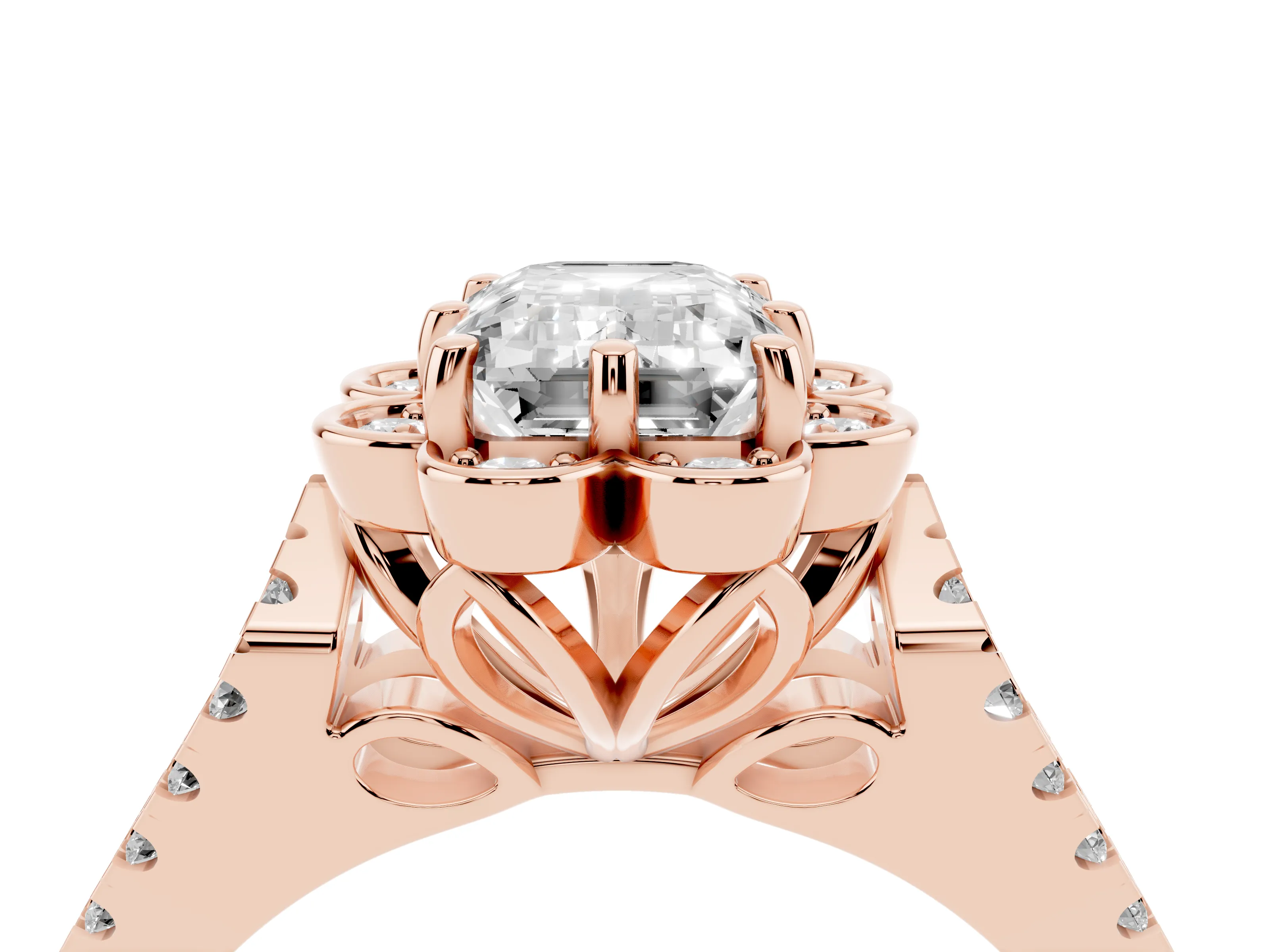 Emerald Cut Diamond Floral Halo Split Shank Engagement Ring Set in Rose gold with Pavé Shank