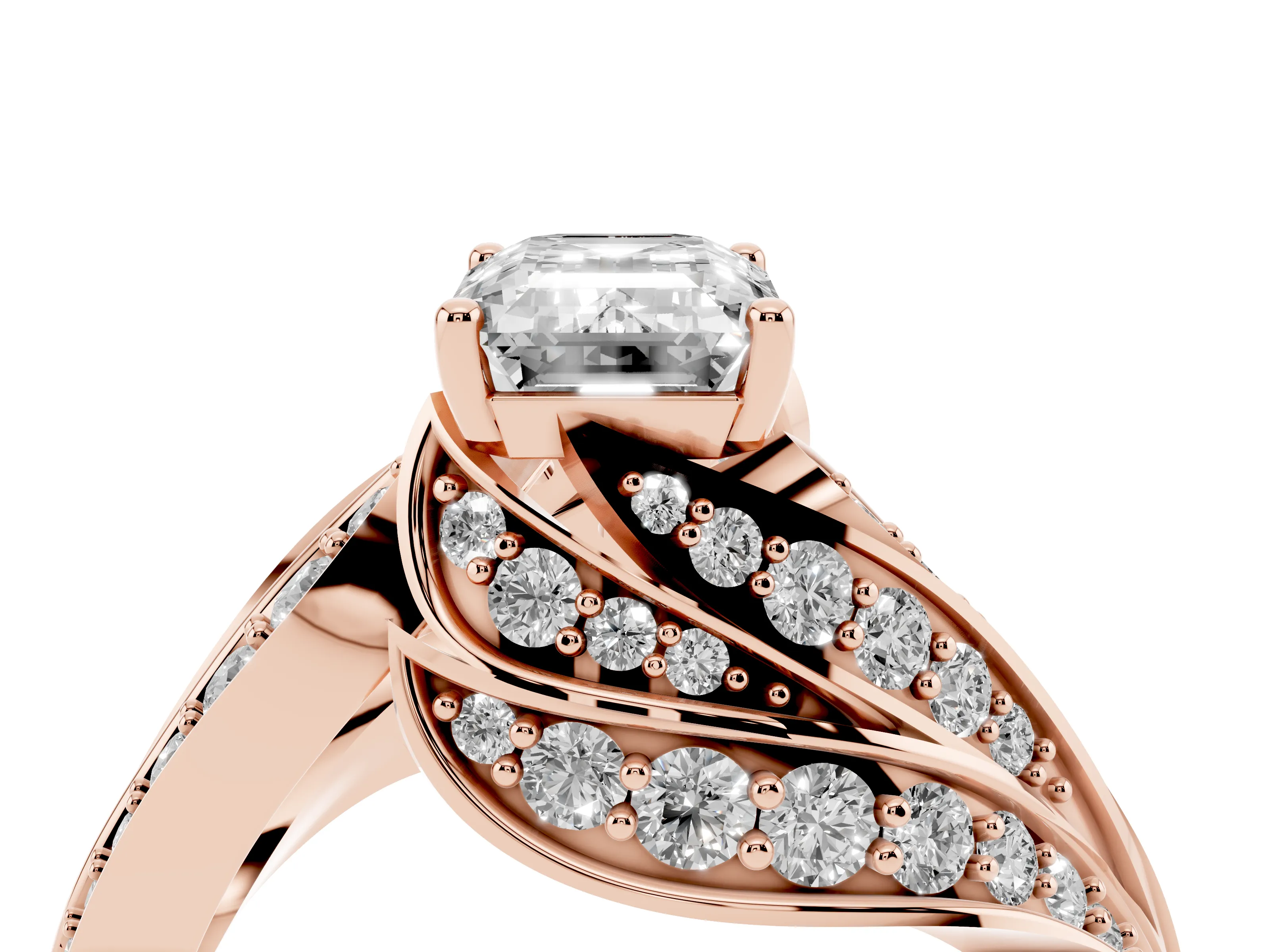 Emerald Cut Diamond Solitaire Ring Set in Rose gold with Layered Twist Pavé Band