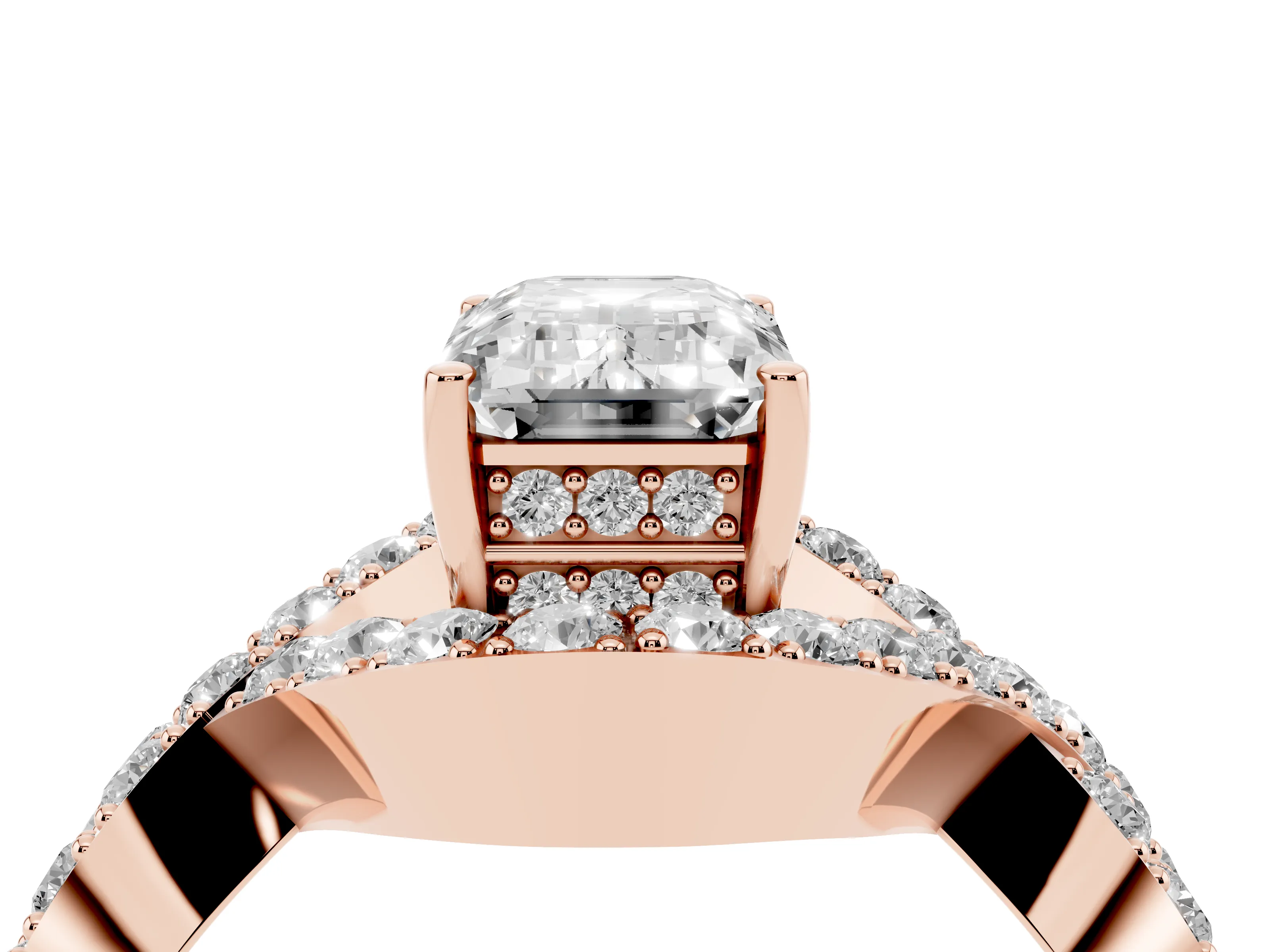 Emerald Cut Diamond Solitaire Twist Band Pavé Engagement Ring Set in Rose gold
