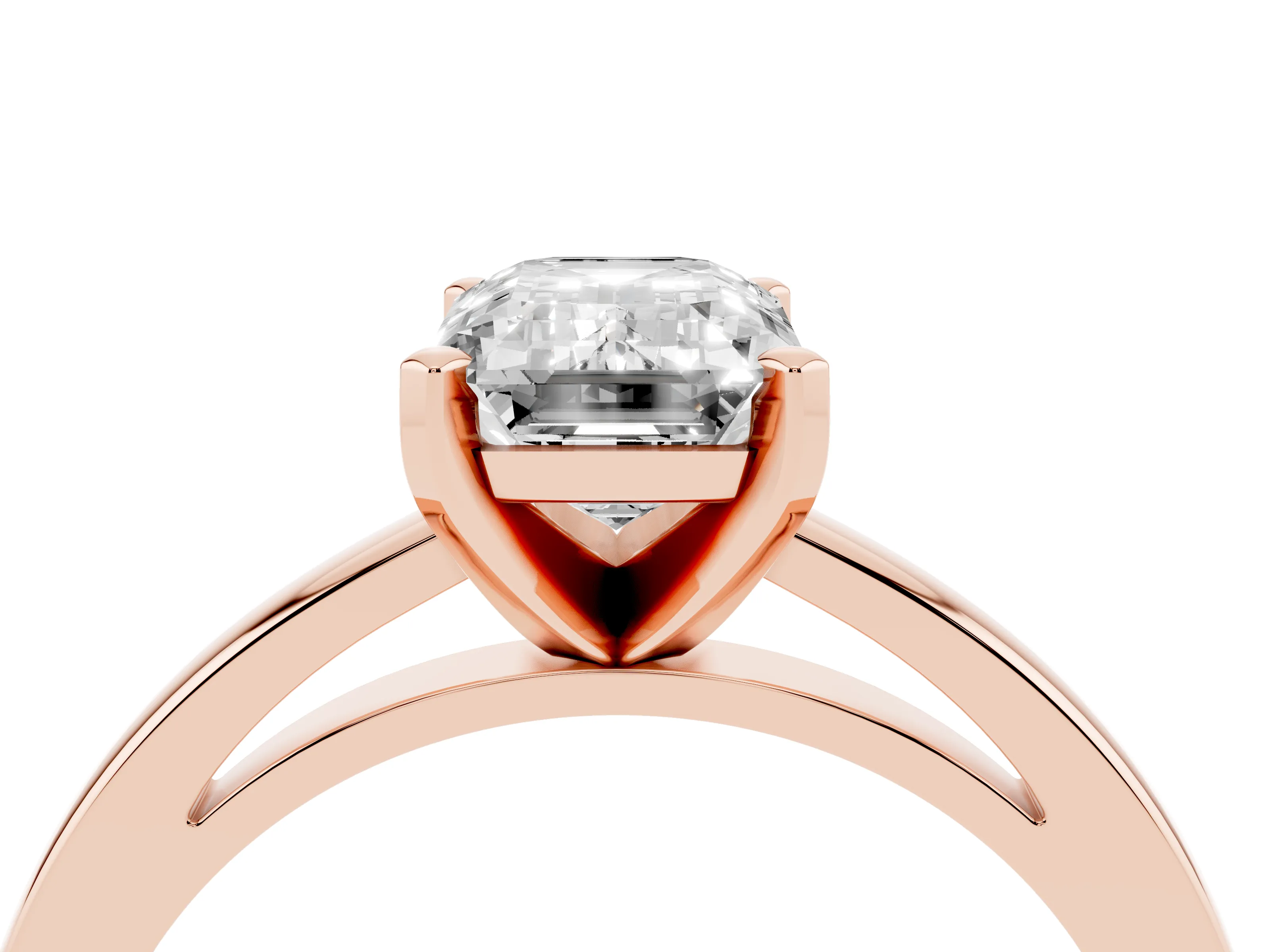 Emerald Cut Diamond Solitaire Engagement Ring Set in Rose gold with Prong Setting on a Classic Band