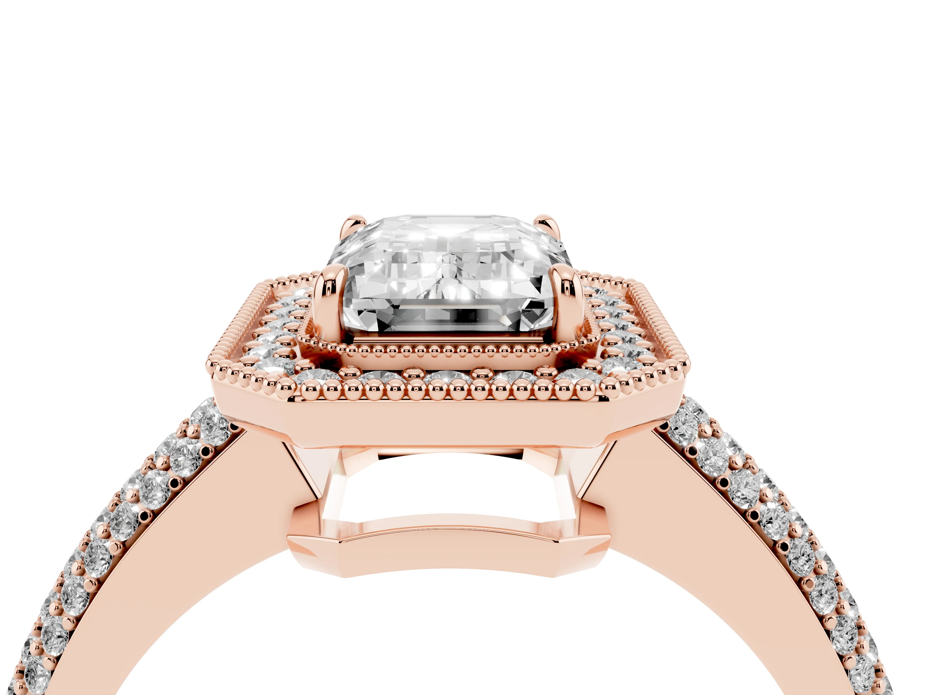 Emerald Cut Diamond Halo Pavé Band Set in Rose gold with Prong Setting