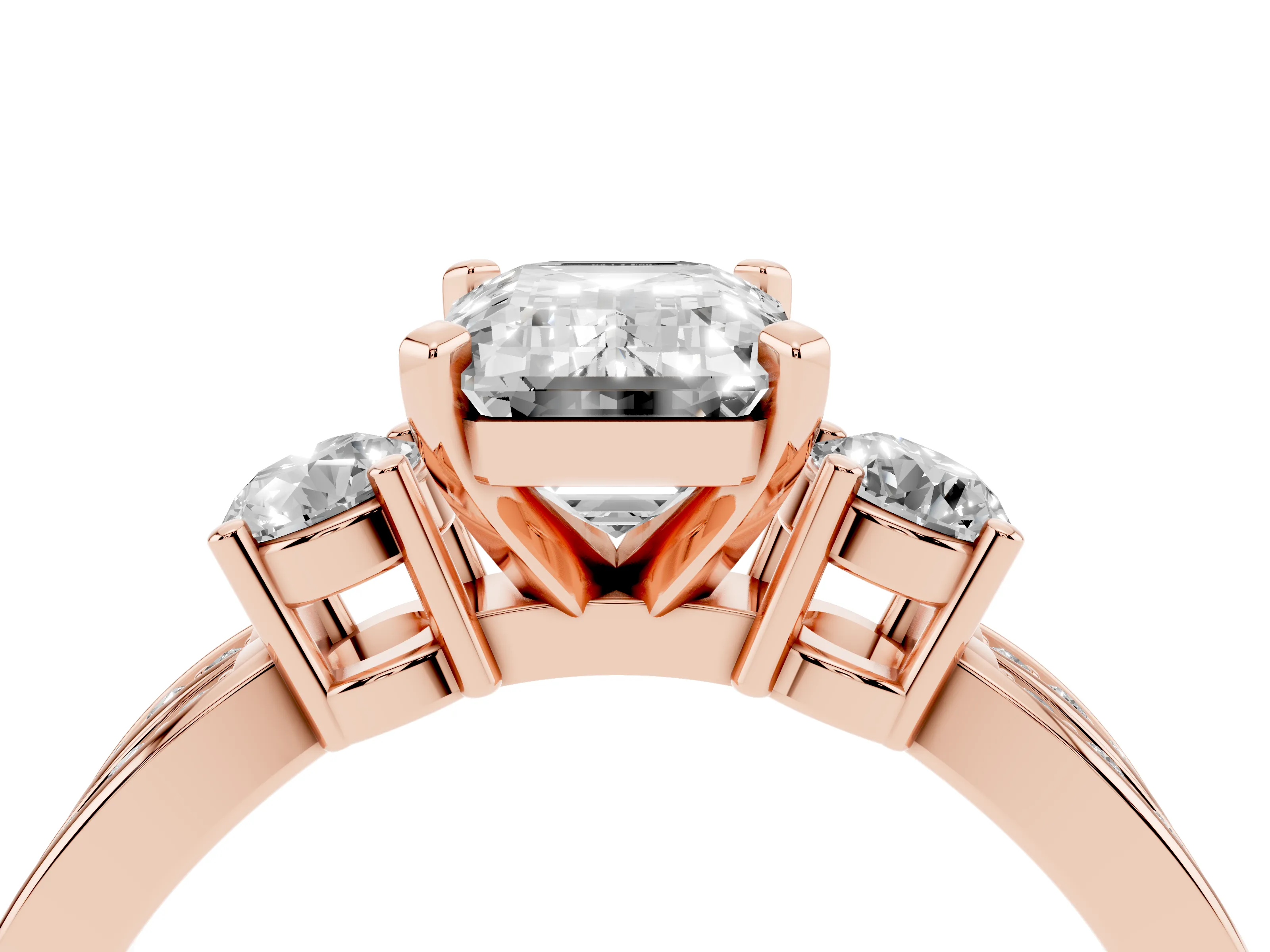 Three-Stone Emerald Cut Diamond Twist Band Ring Set in Rose gold with Pavé Accents and Prong Setting