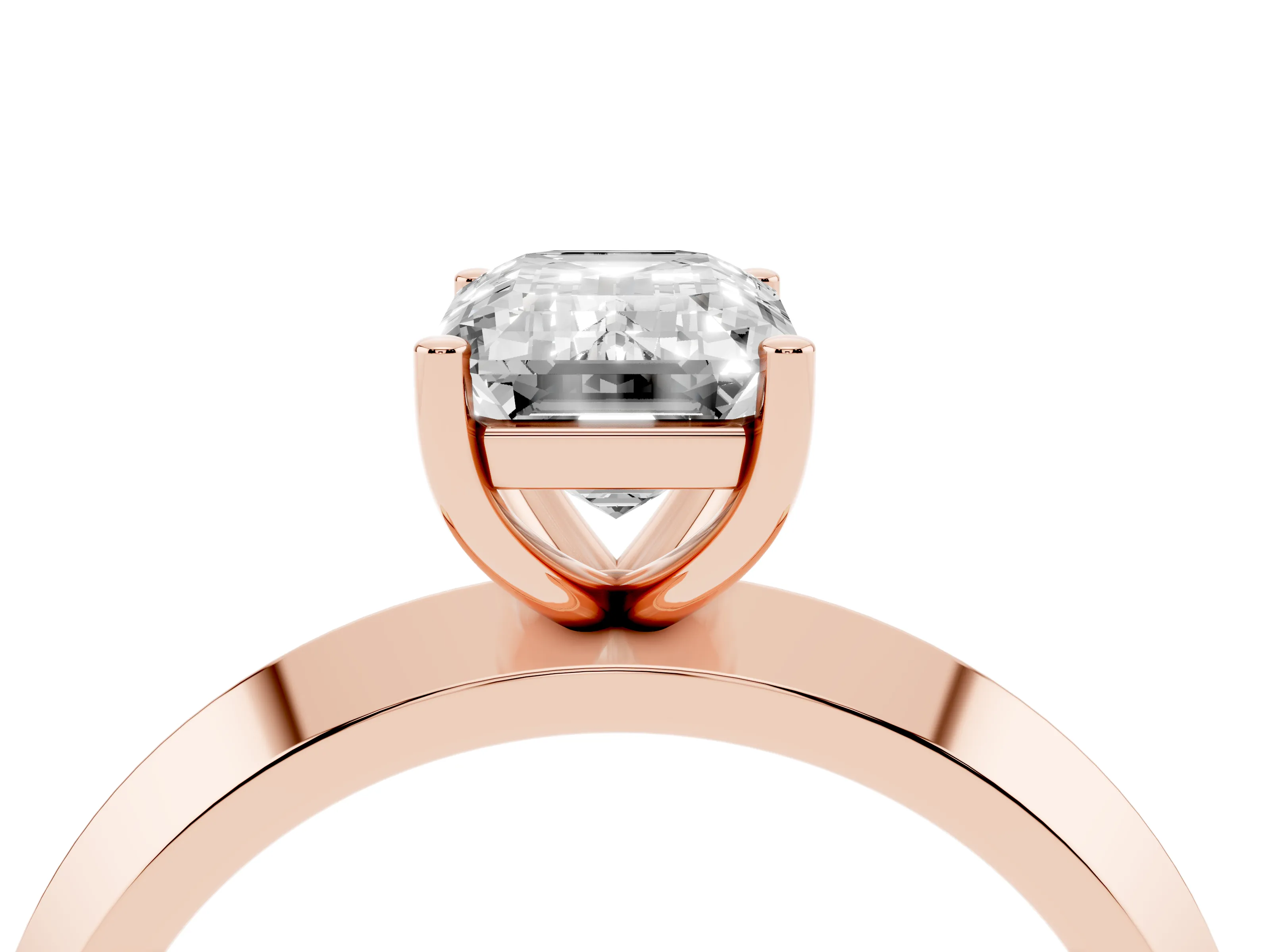 Emerald Cut Diamond Solitaire Engagement Ring Set in Rose gold with Flat Band and Prong Setting