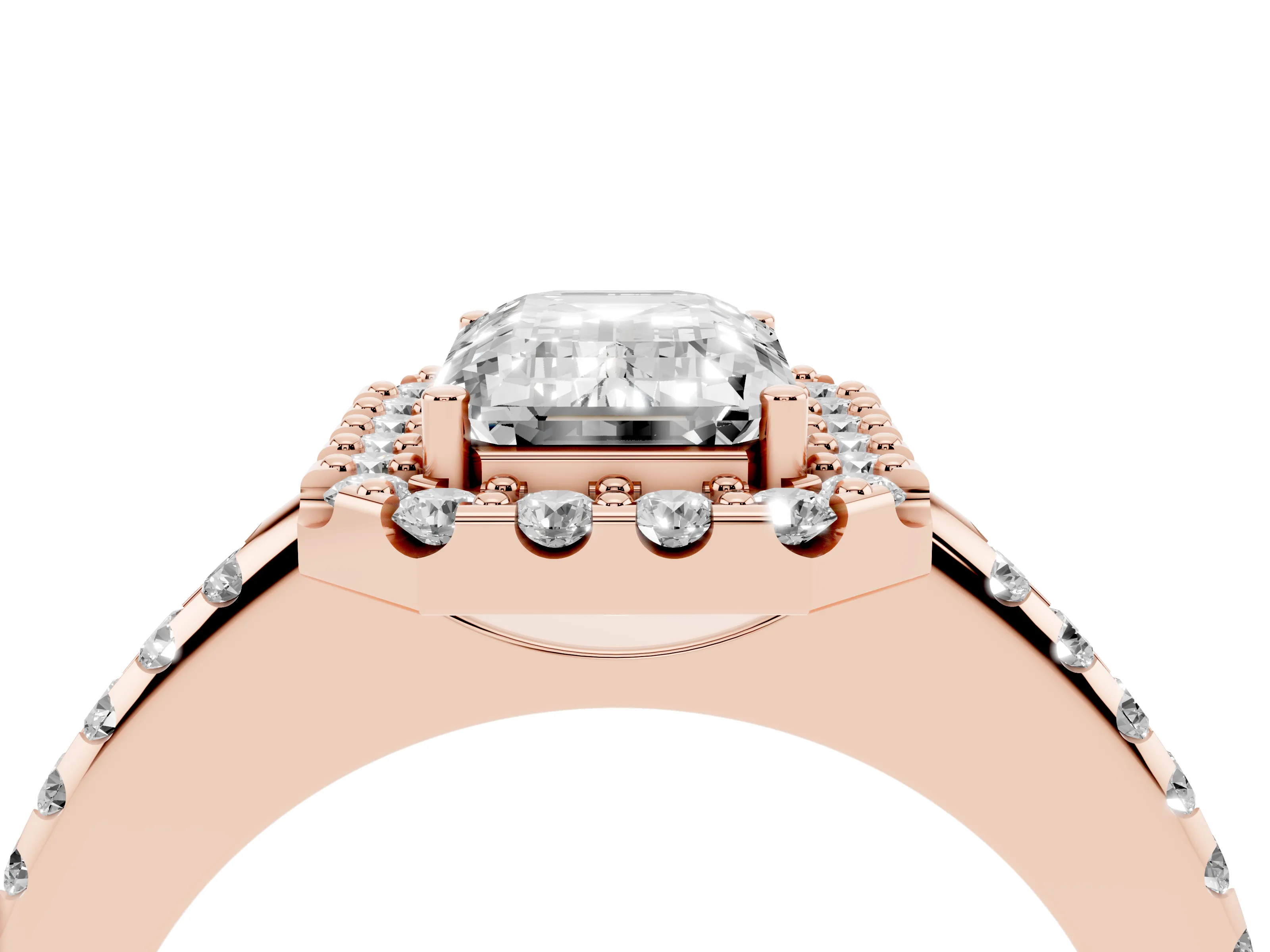 Emerald Cut Diamond Pavé Halo Ring Set in Rose gold with Prong Setting