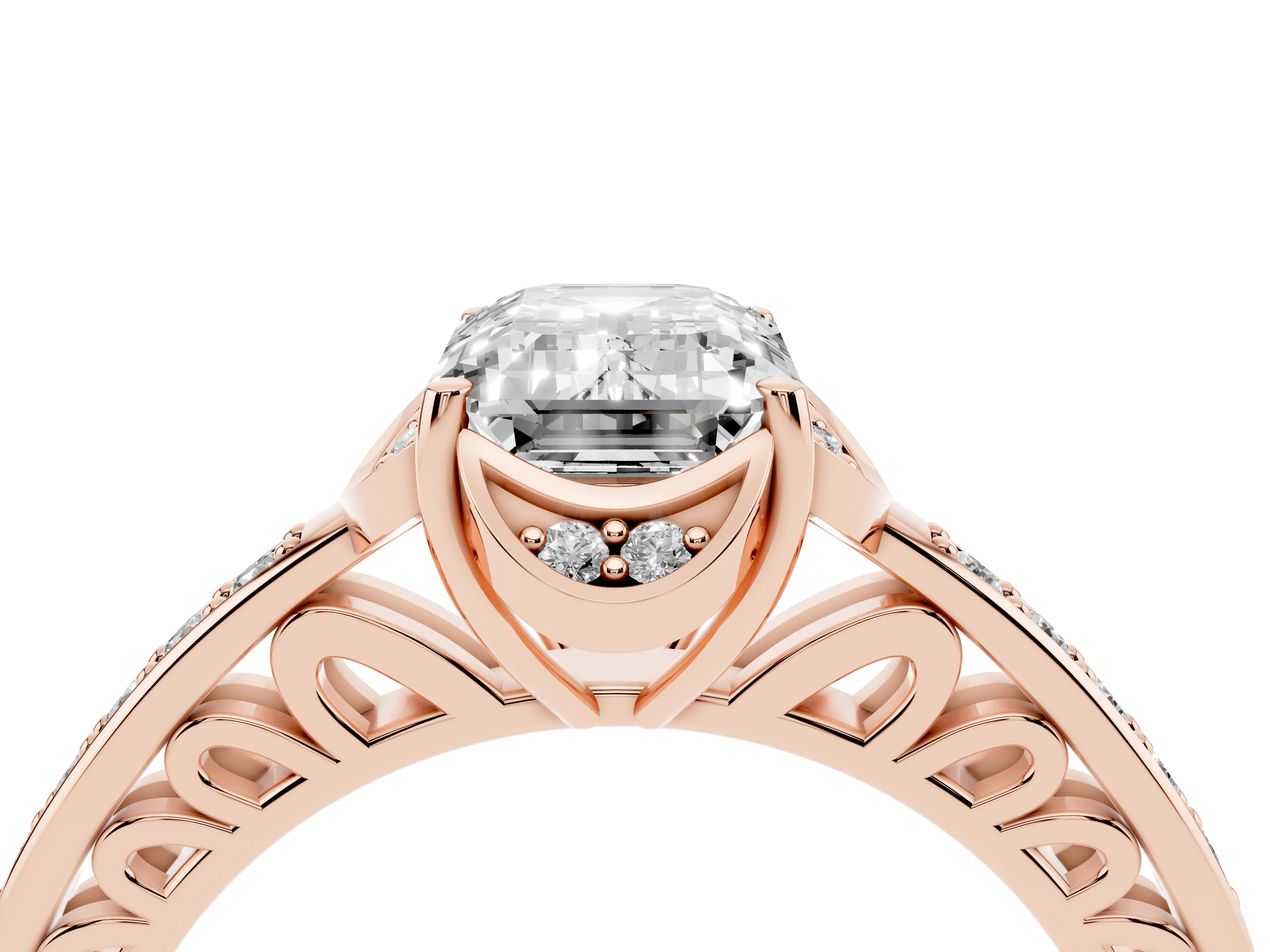 Emerald Cut Diamond Halo Ring Set in Rose gold with Channel Set Band and Prong Setting