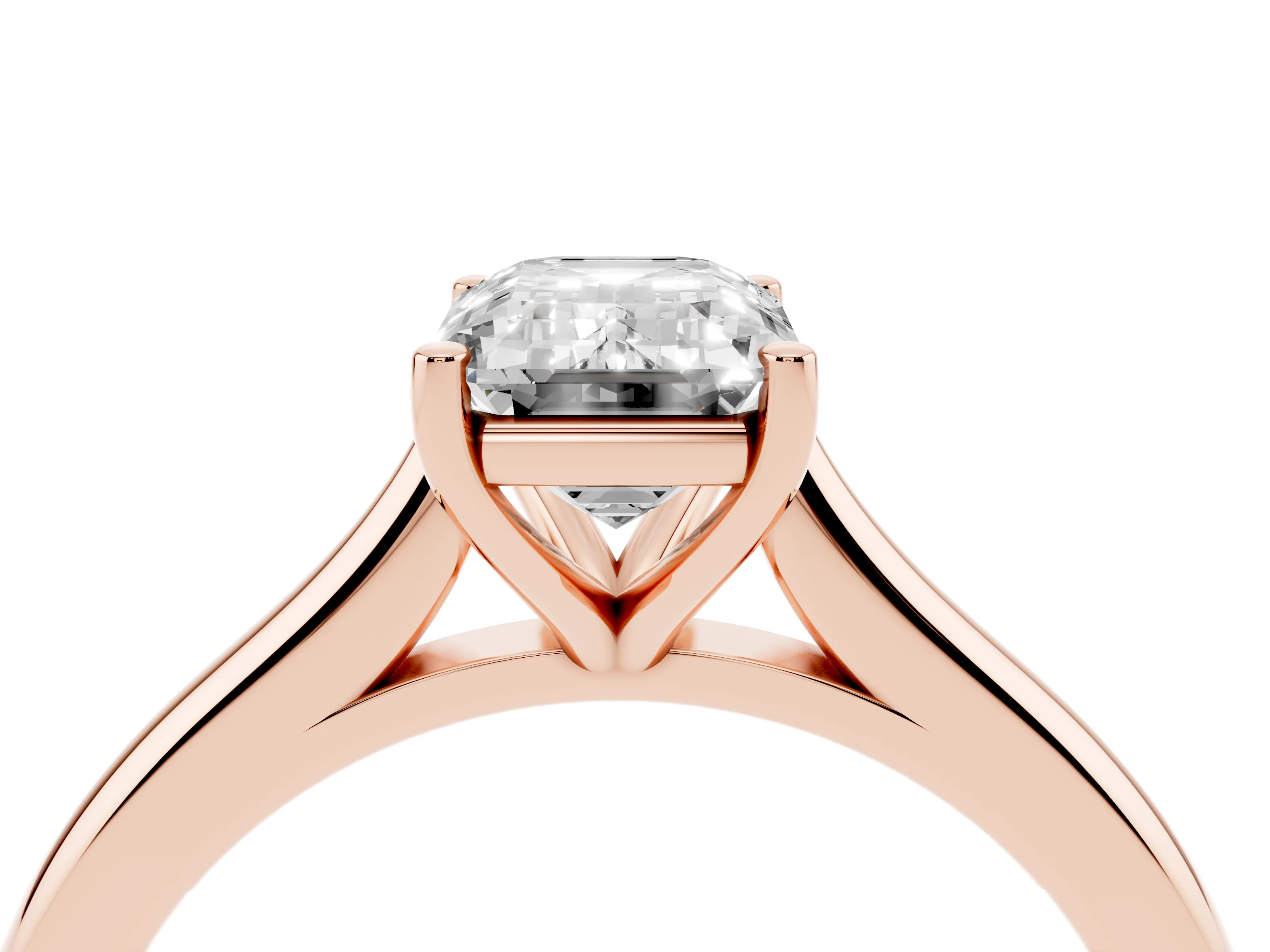 Emerald Cut Diamond Solitaire Ring Set in Rose gold with Cathedral Band and Prong Setting