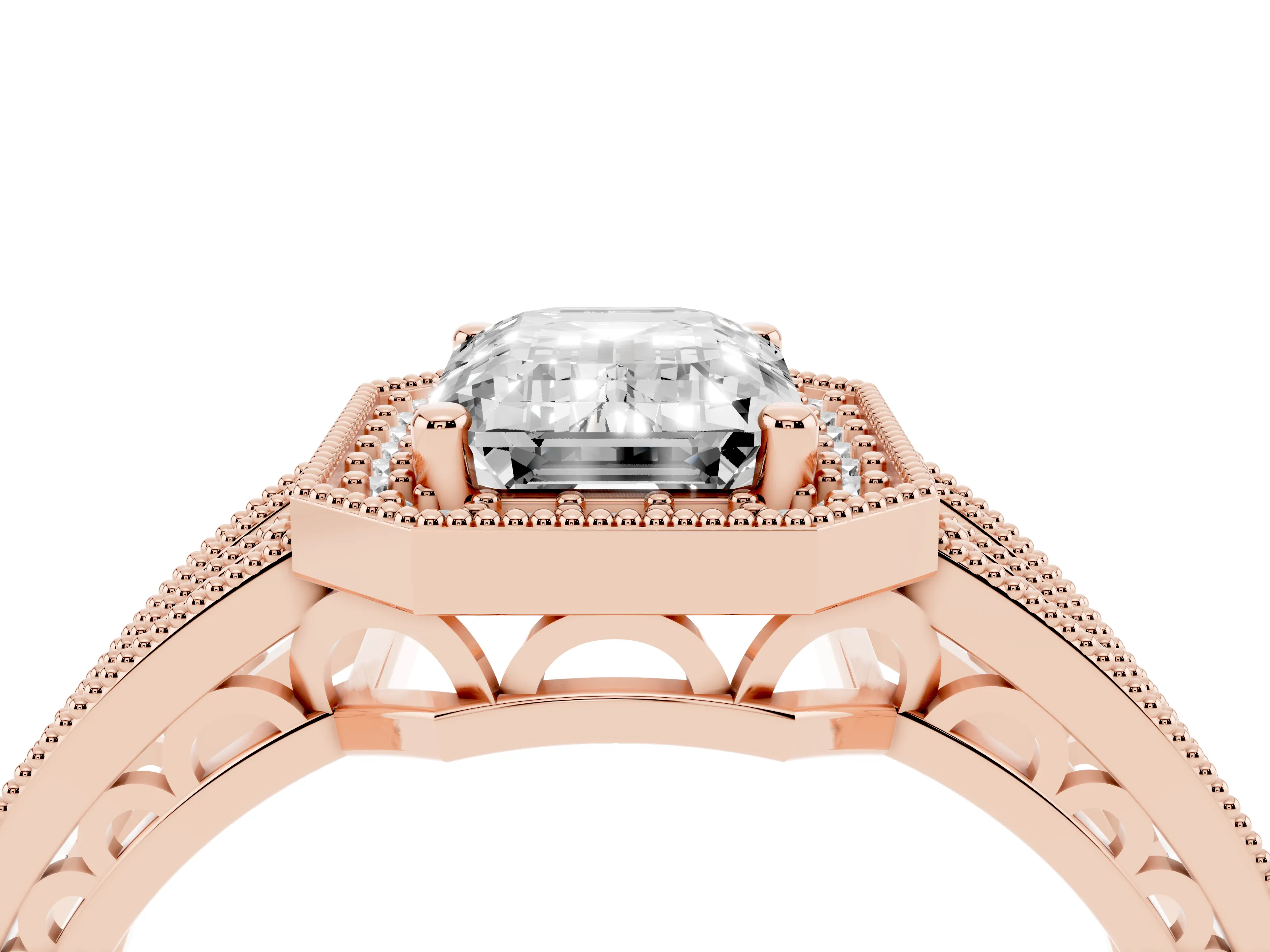 Emerald Cut Diamond Halo Ring Set in Rose gold with Accent Split Shank and Prong Setting