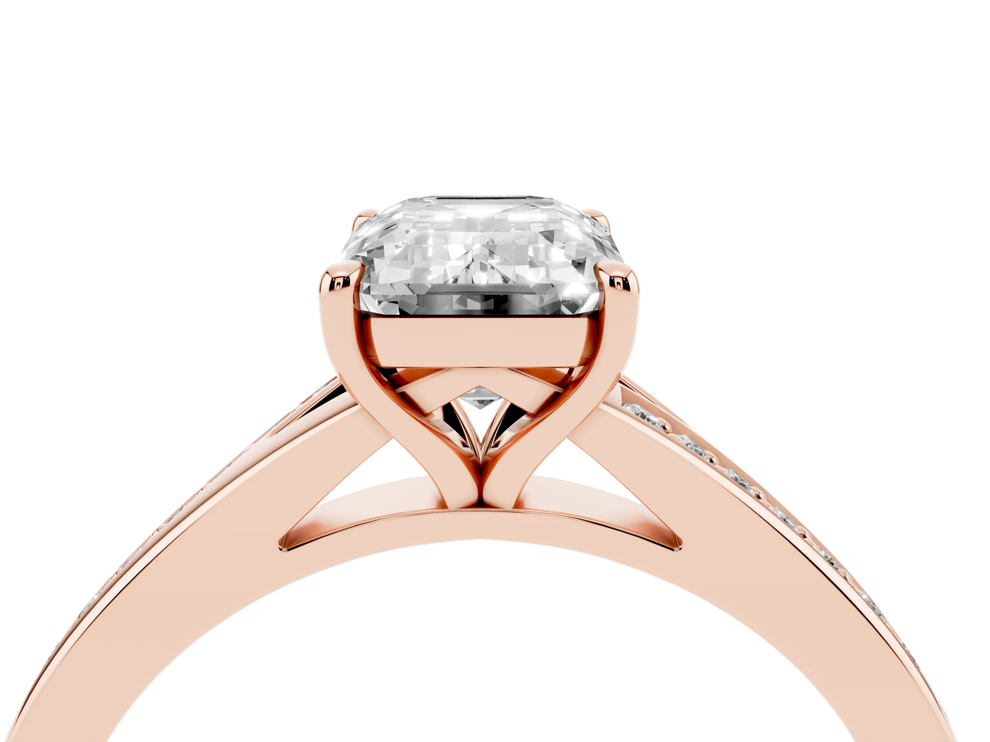 Emerald Cut Diamond Solitaire Ring Set in Rose gold with Pavé Accent Band and Classic Prong Setting