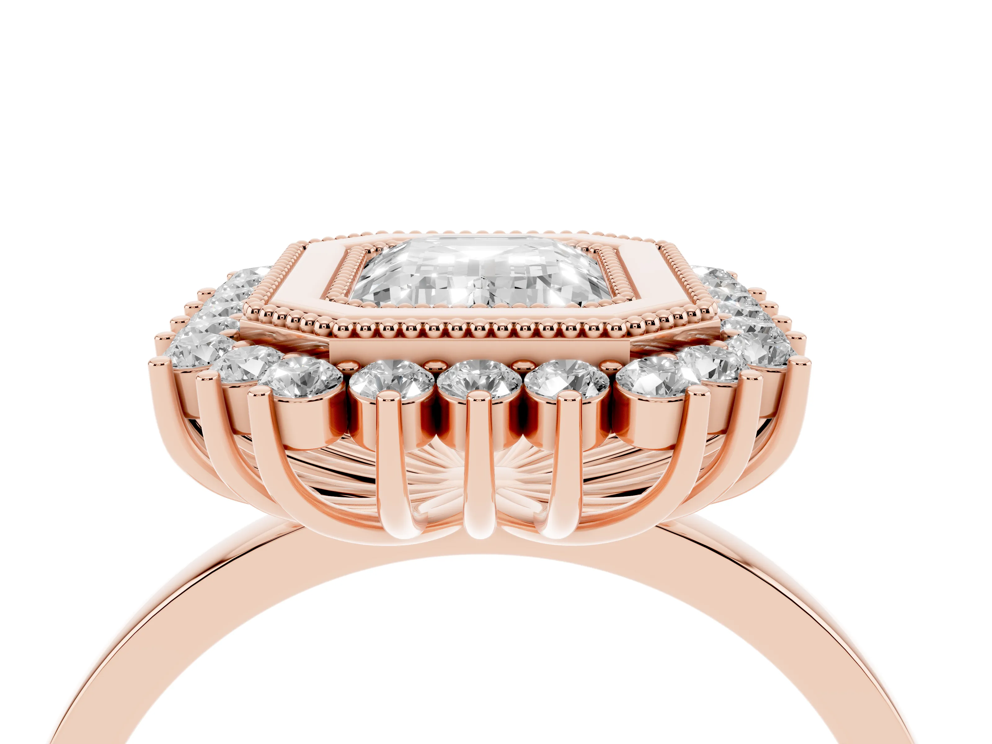 Emerald Cut Diamond Halo Ring Set in Rose gold with Milgrain Edge and Round Prong Setting