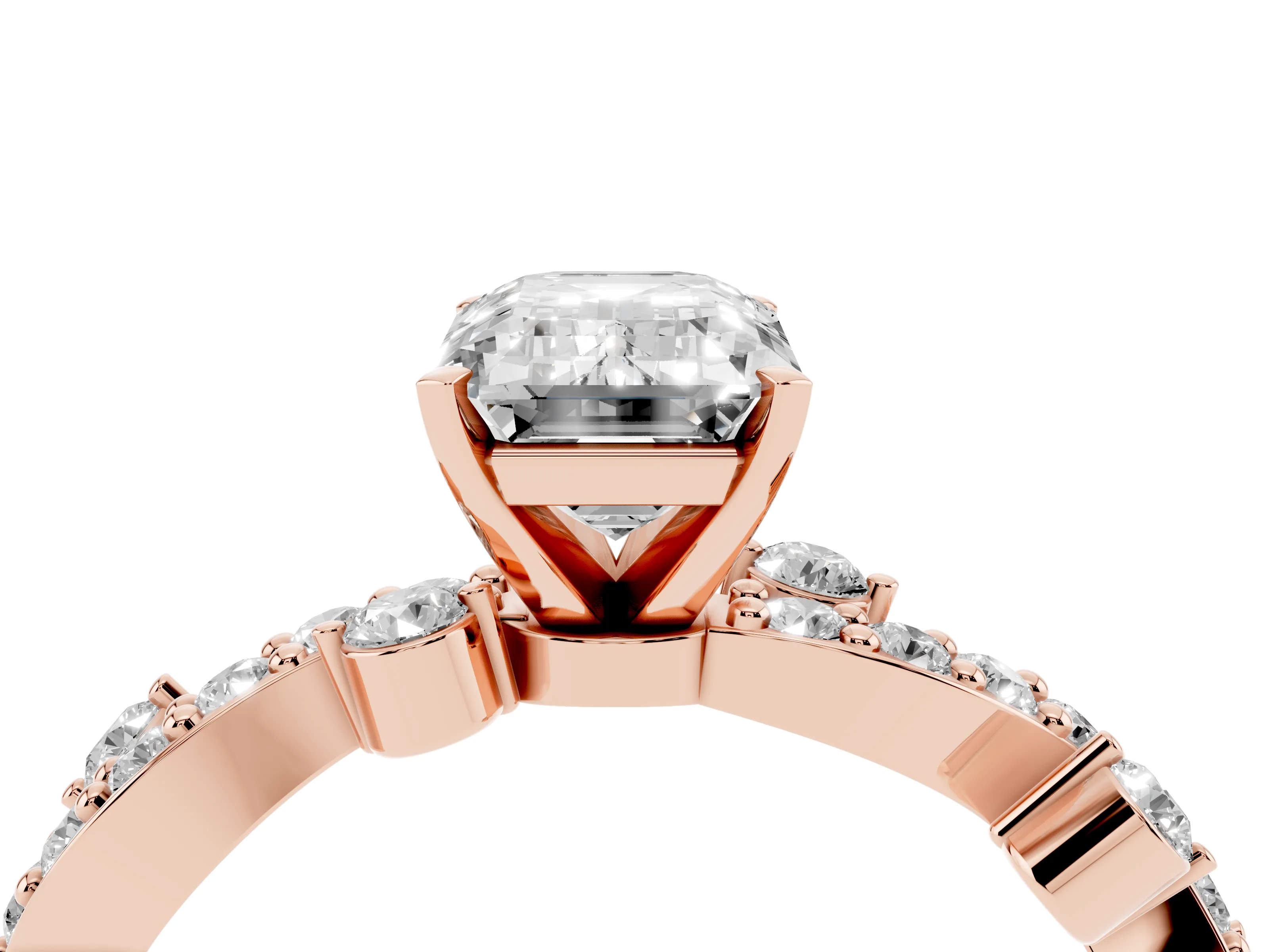 Emerald Cut Diamond Solitaire Twisted Band Set in Rose gold with Pavé Setting