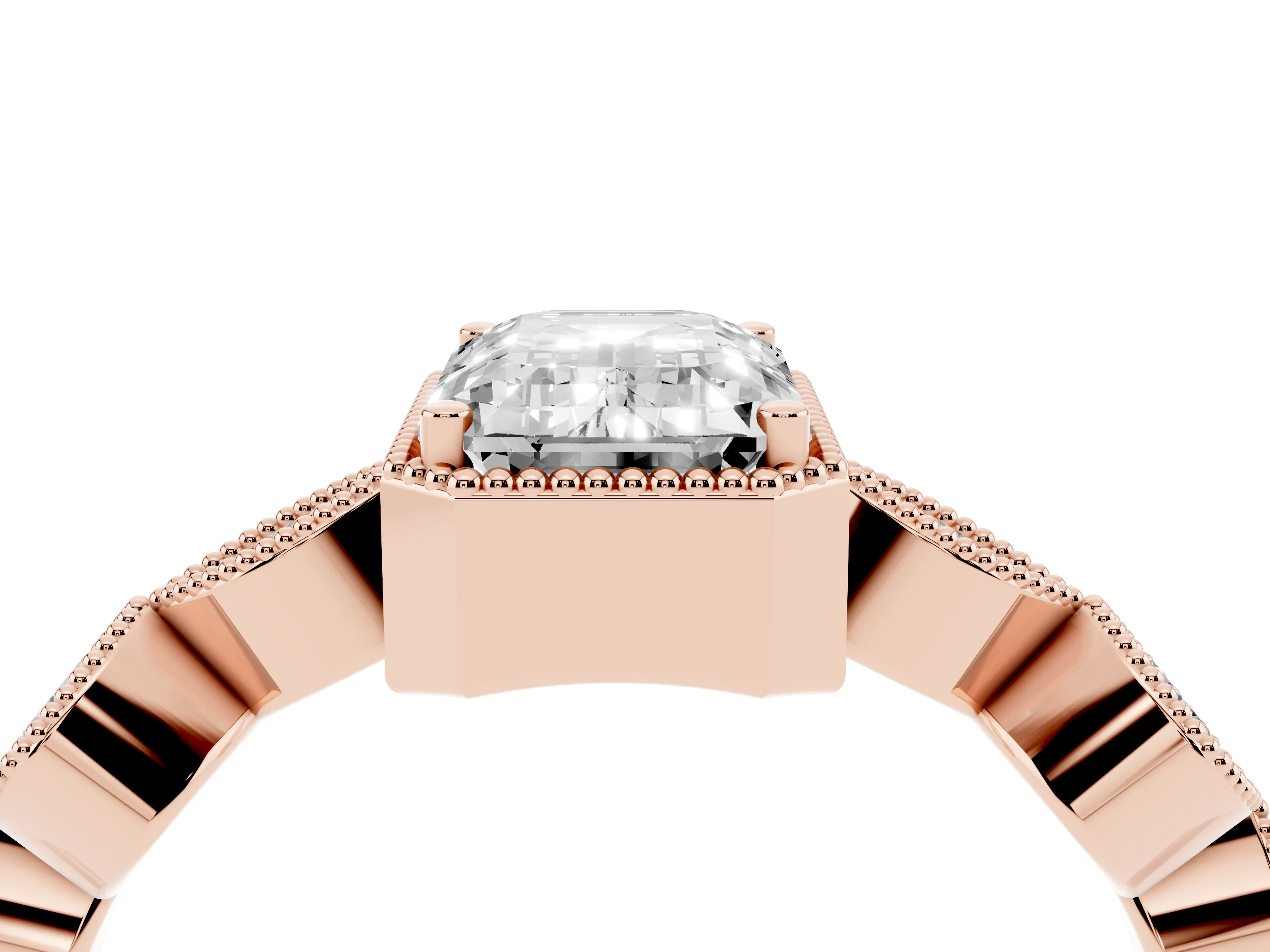Emerald Cut Diamond Vintage-Inspired Milgrain Ring Set in Rose gold with Marquise Stations of Round Accents