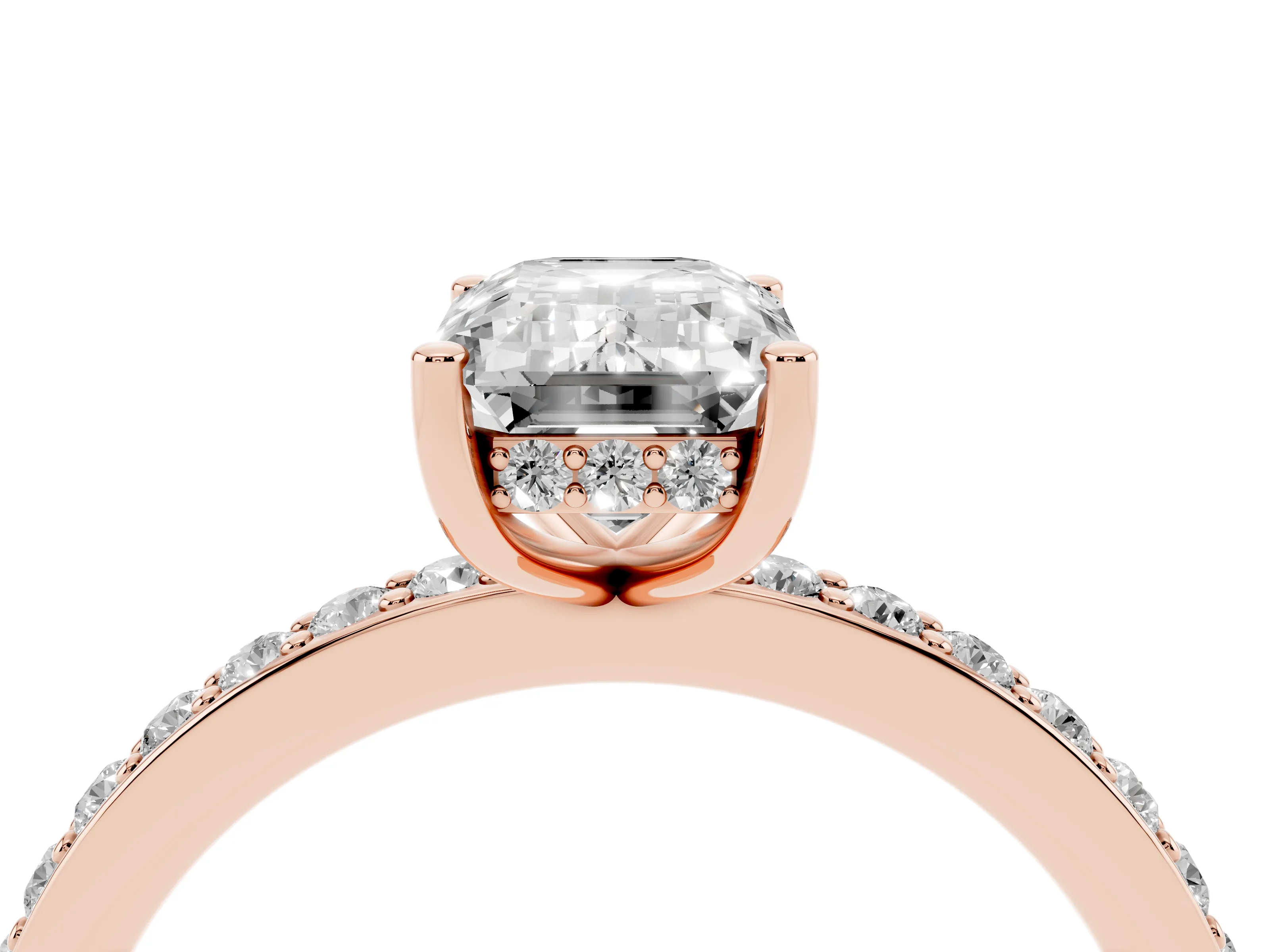 Emerald Cut Diamond Pavé Band Ring Set in Rose gold with Prong-Set Center Stone