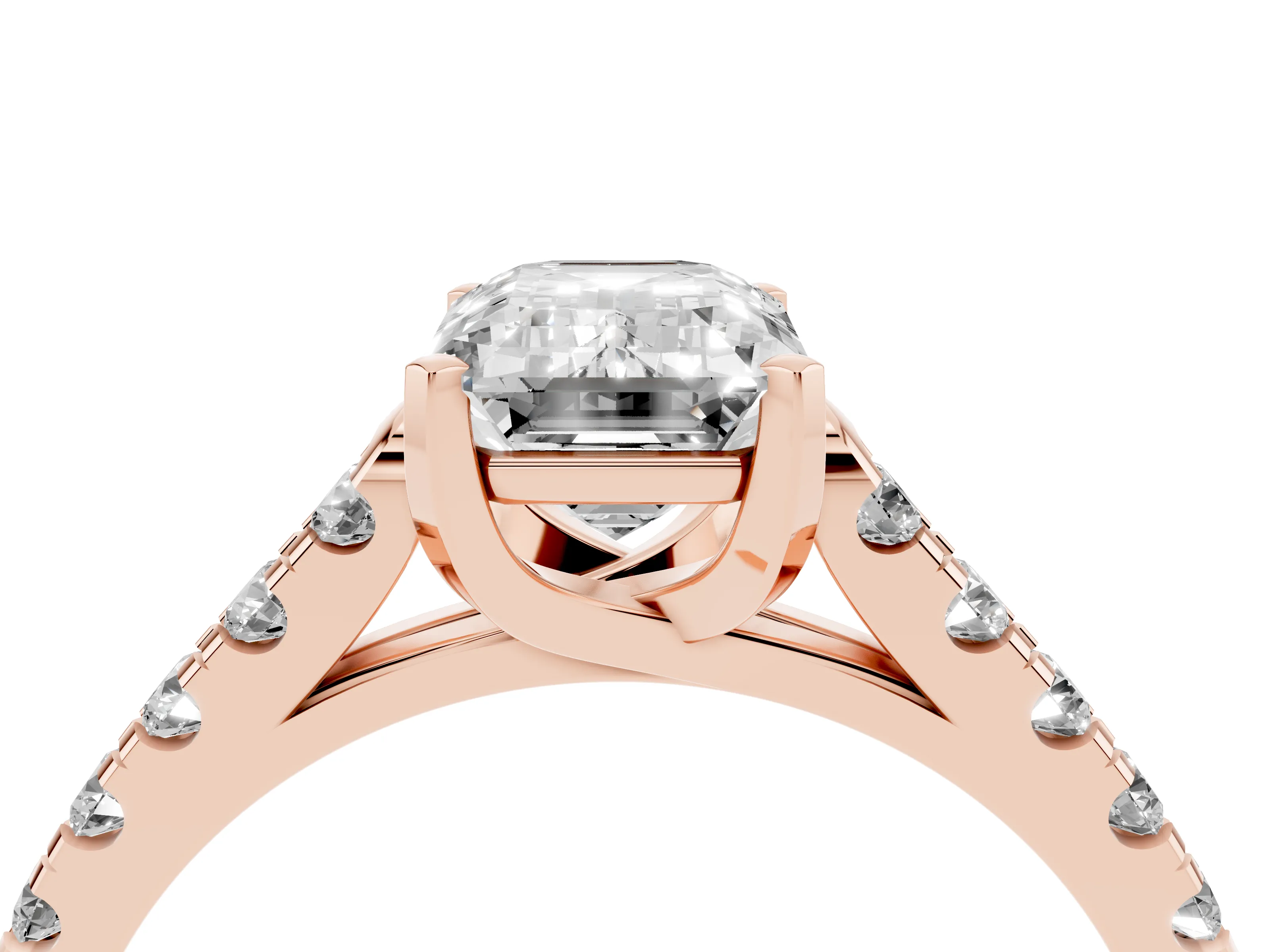 Emerald Cut Diamond Pavé Band Solitaire Ring Set in Rose gold with Partway Accent Stones and Prong Setting
