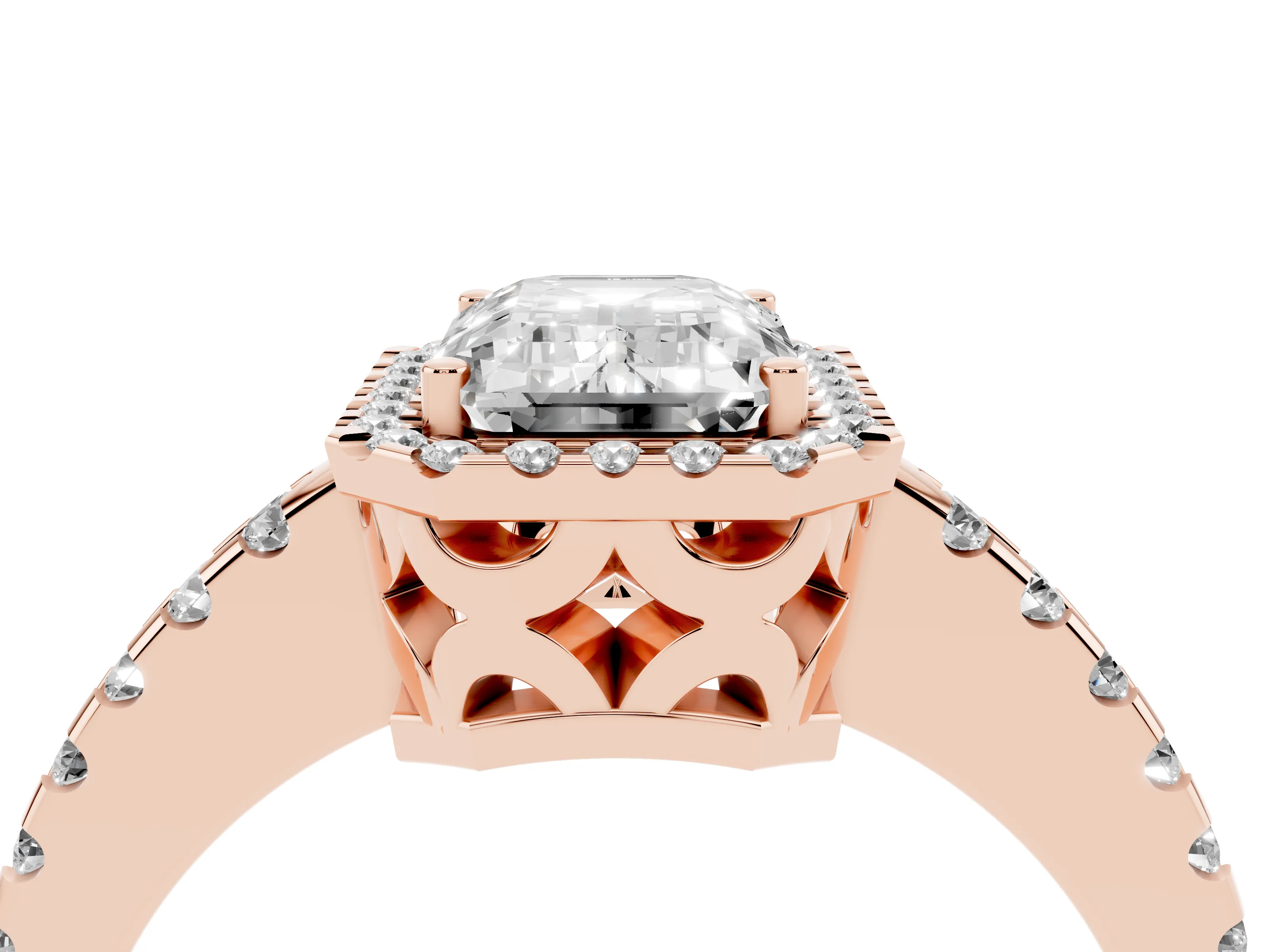 Emerald Cut Diamond Halo Ring Set in Rose gold with Pavé Shoulders and Halo-Framed Center
