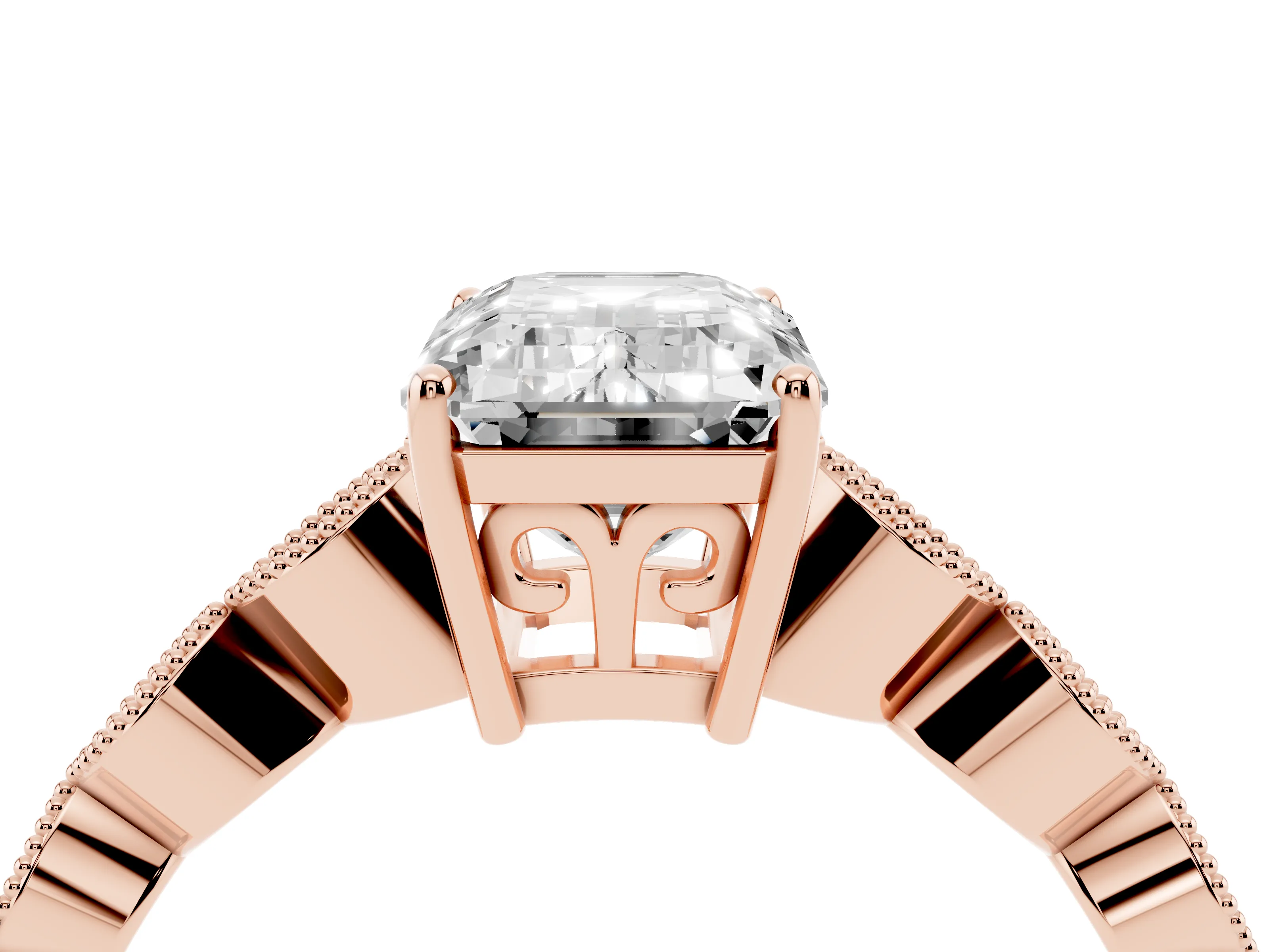 Emerald Cut Diamond Solitaire Ring Set in Rose gold with Infinity Twist Pavé Band