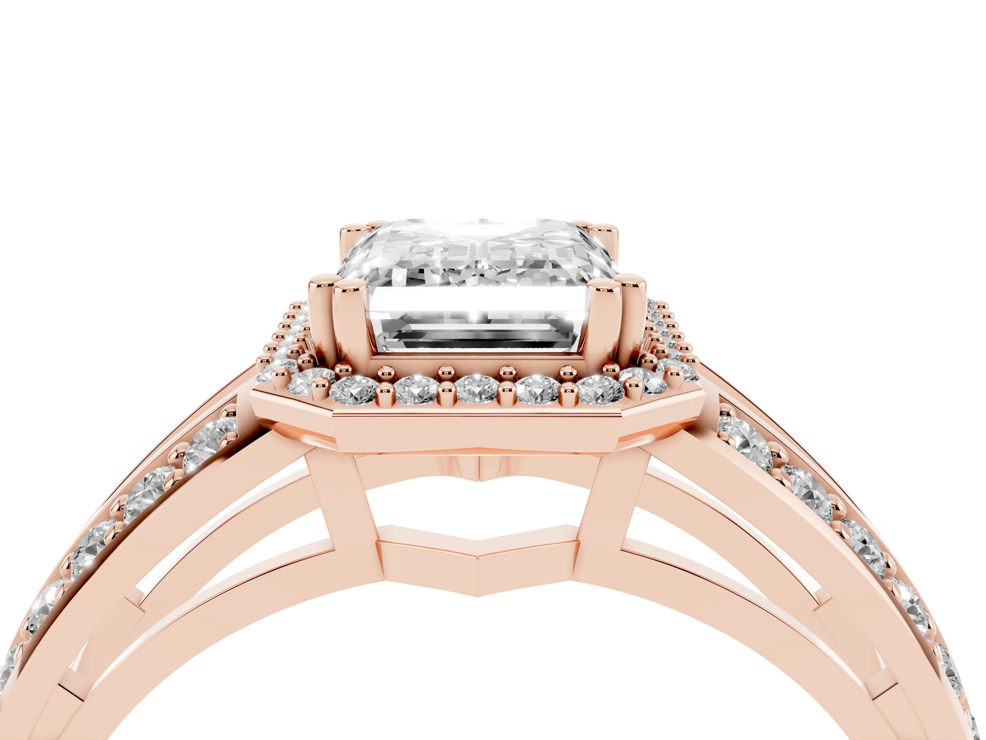 Emerald Cut Diamond Halo Ring Set in Rose gold with Double Pavé Split Shank