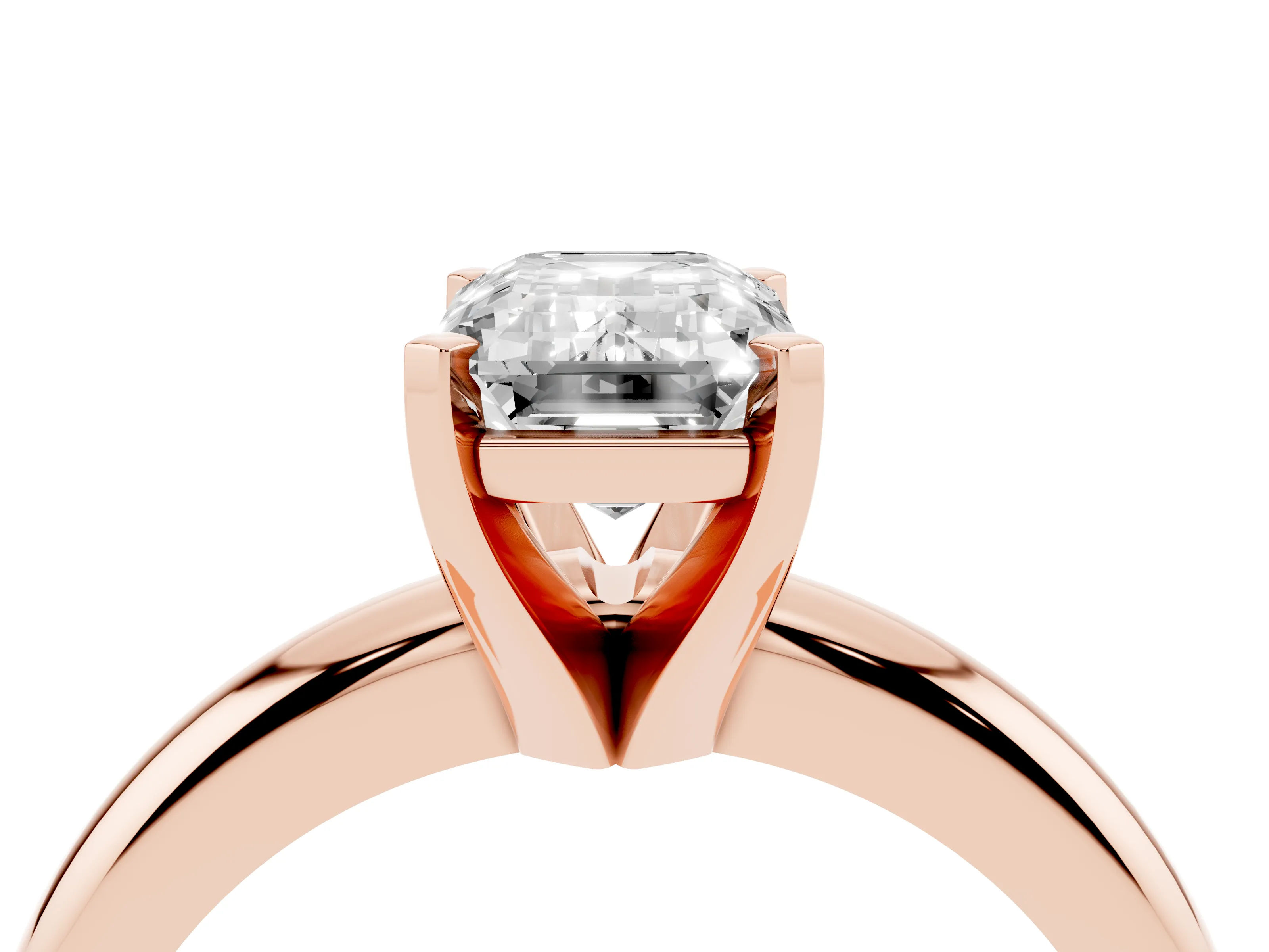Emerald Cut Diamond Solitaire Engagement Ring Set in Rose gold with Round Band and Prong Setting