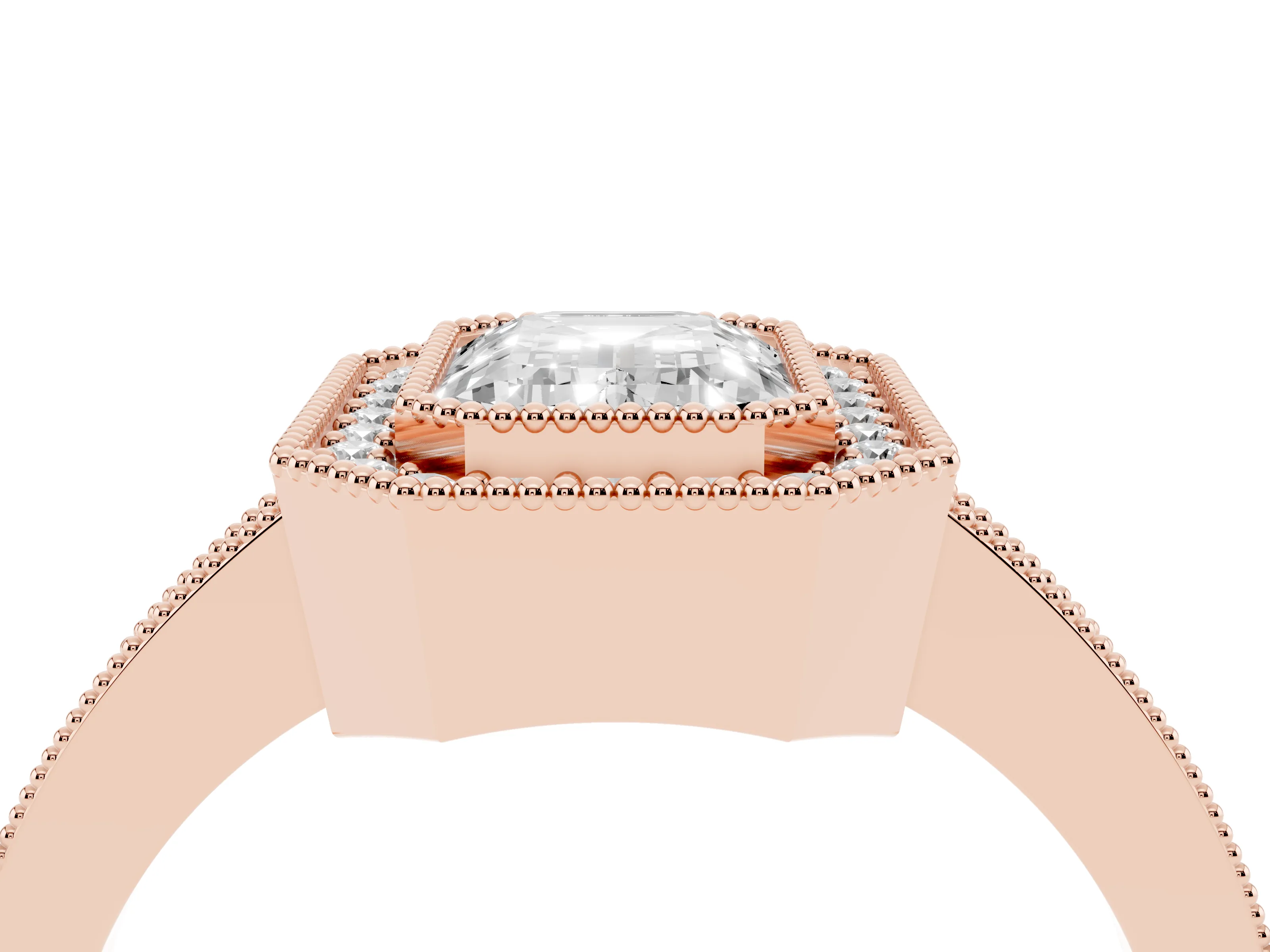 Emerald Cut Diamond Halo Engagement Ring Set in Rose gold with Pavé Band and Round Halo Stones