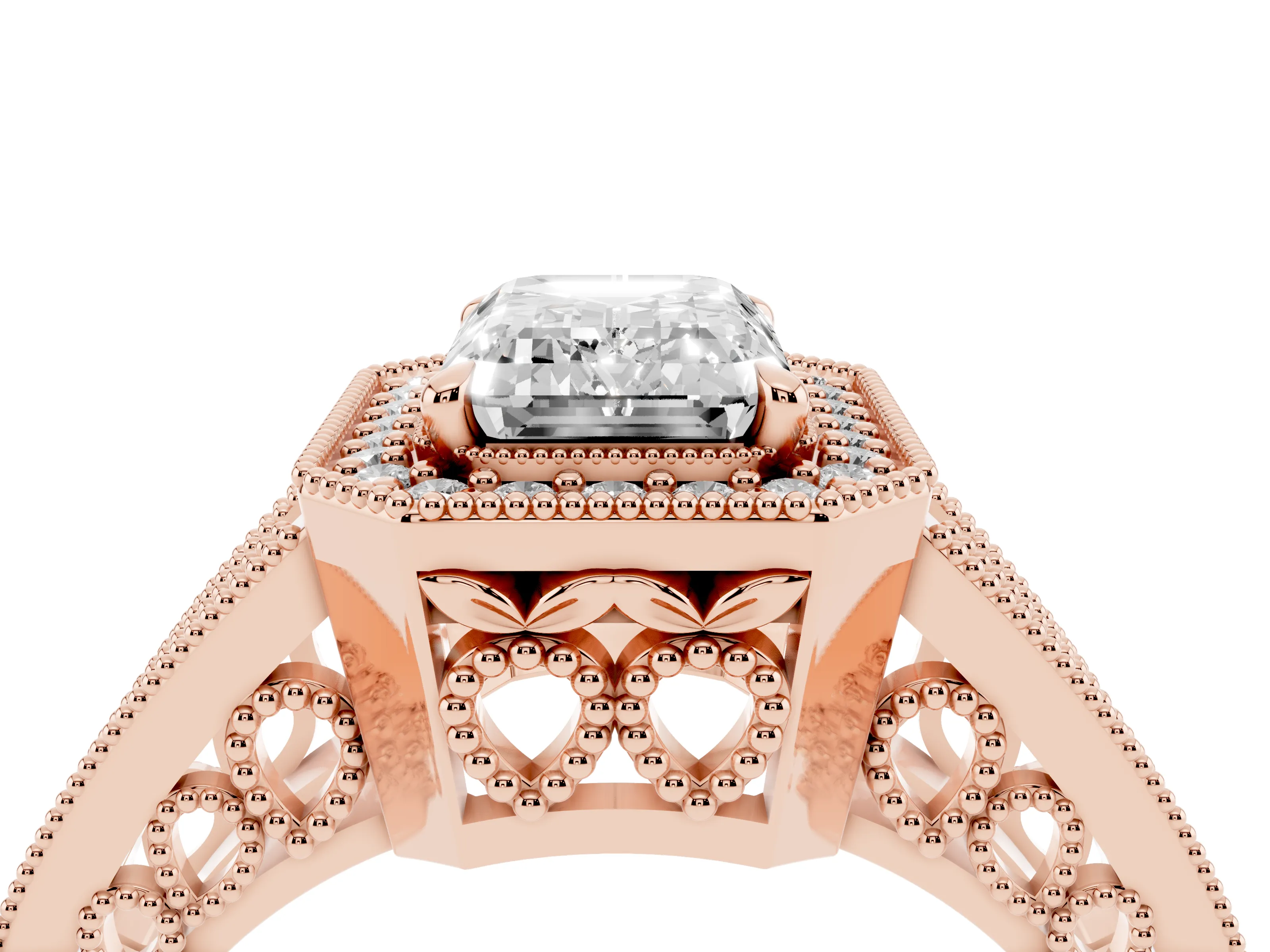 Emerald Cut Diamond Halo Ring Set in Rose gold with Stone-Set Split Shank and Milgrain Edges
