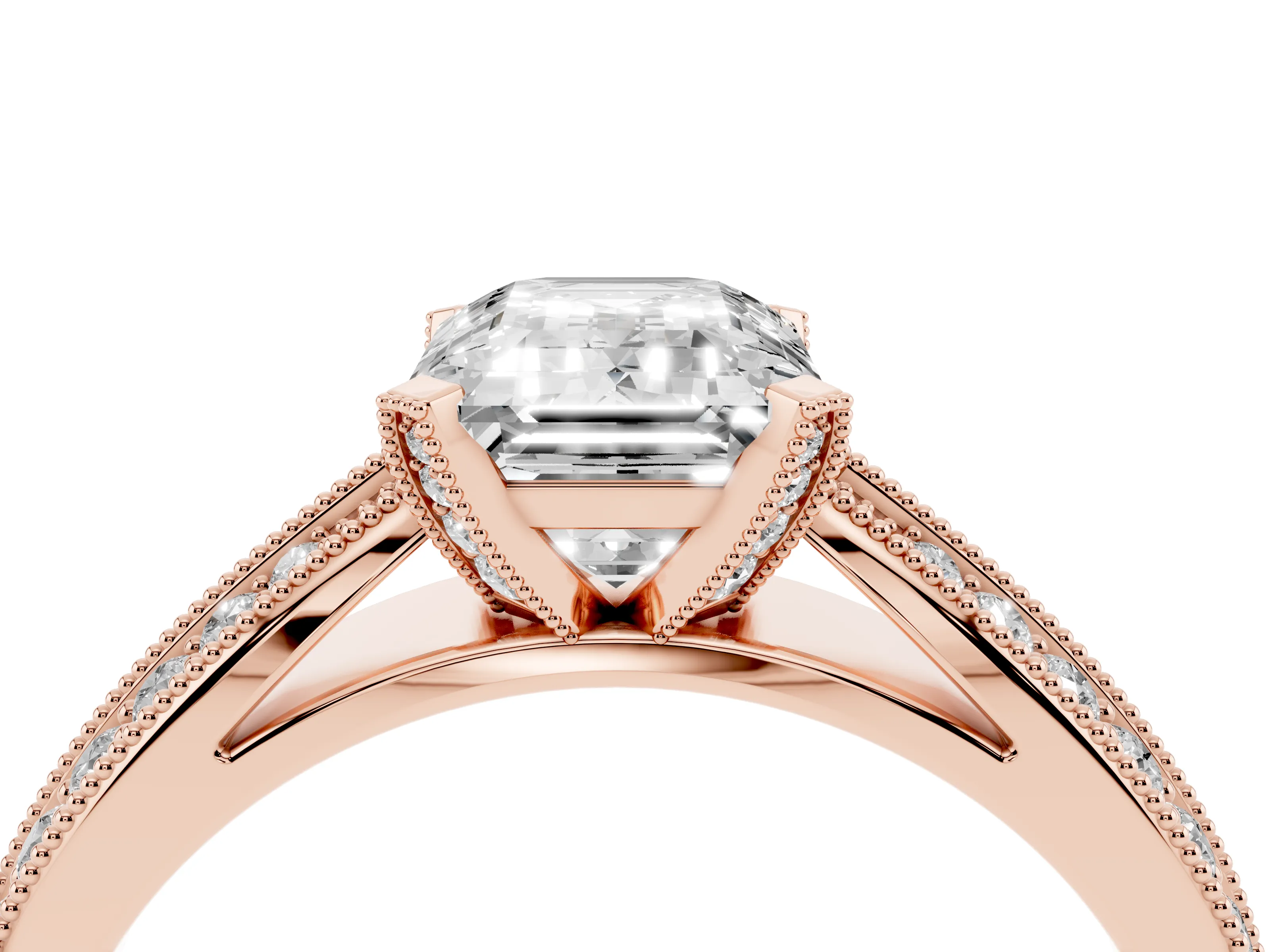 Emerald Cut Diamond Solitaire Ring Set in Rose gold with Milgrain Double Row Round Pavé Band