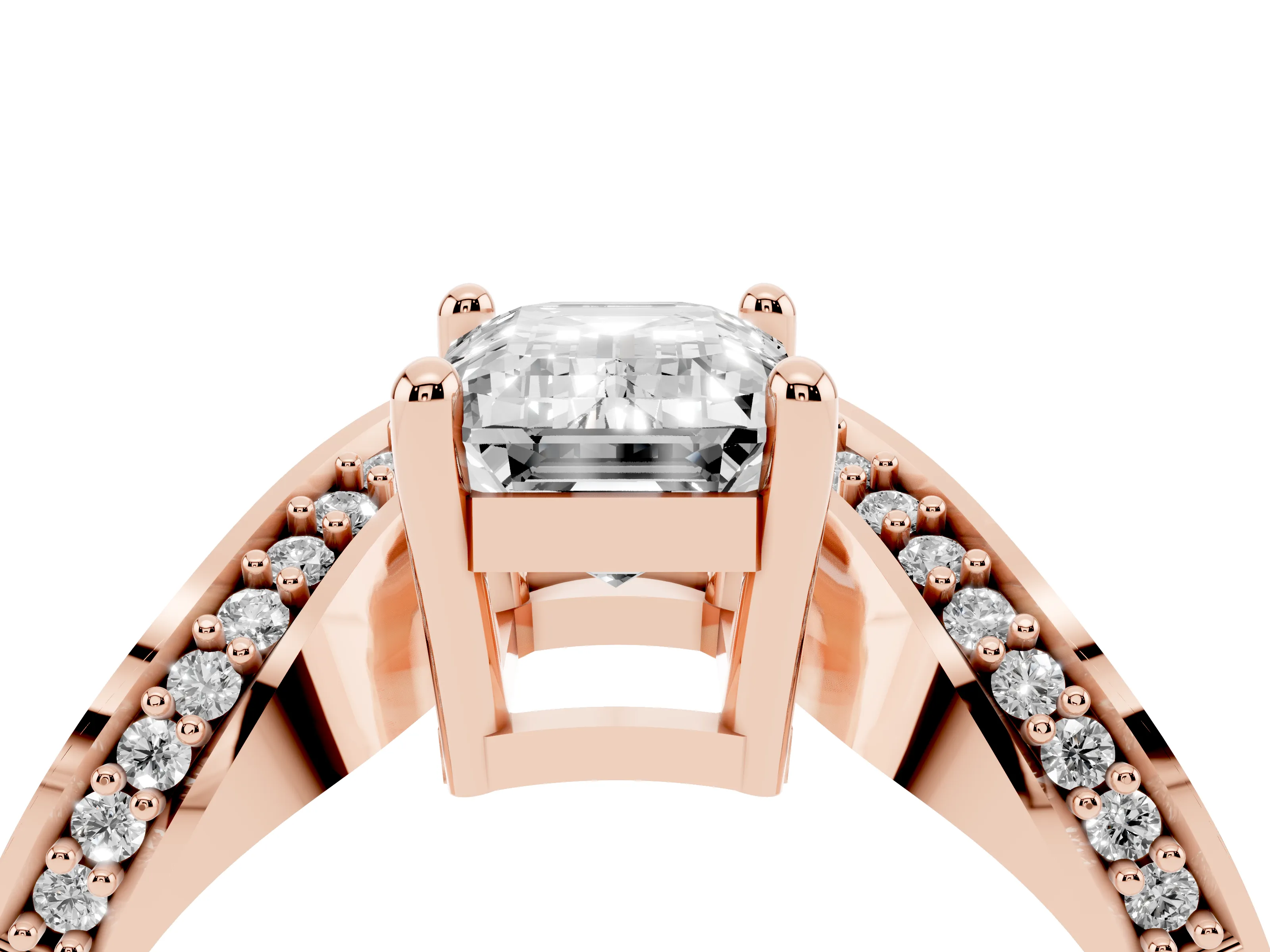 Emerald Cut Diamond Solitaire Engagement Ring Set in Rose gold with Pavé Shoulders