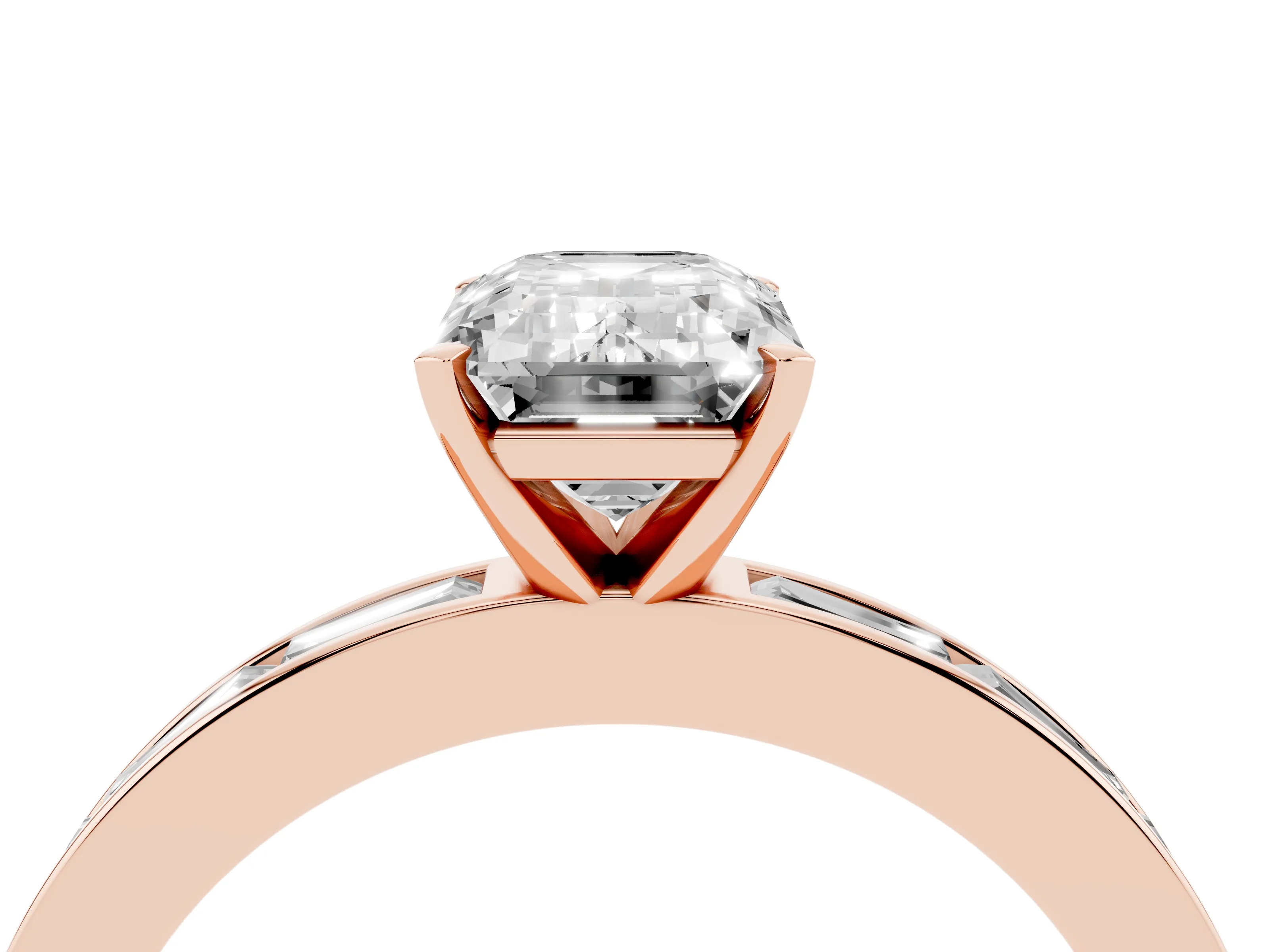 Emerald Cut Diamond Solitaire Ring Set in Rose gold with Channel-Set Baguette Band and Prong Setting