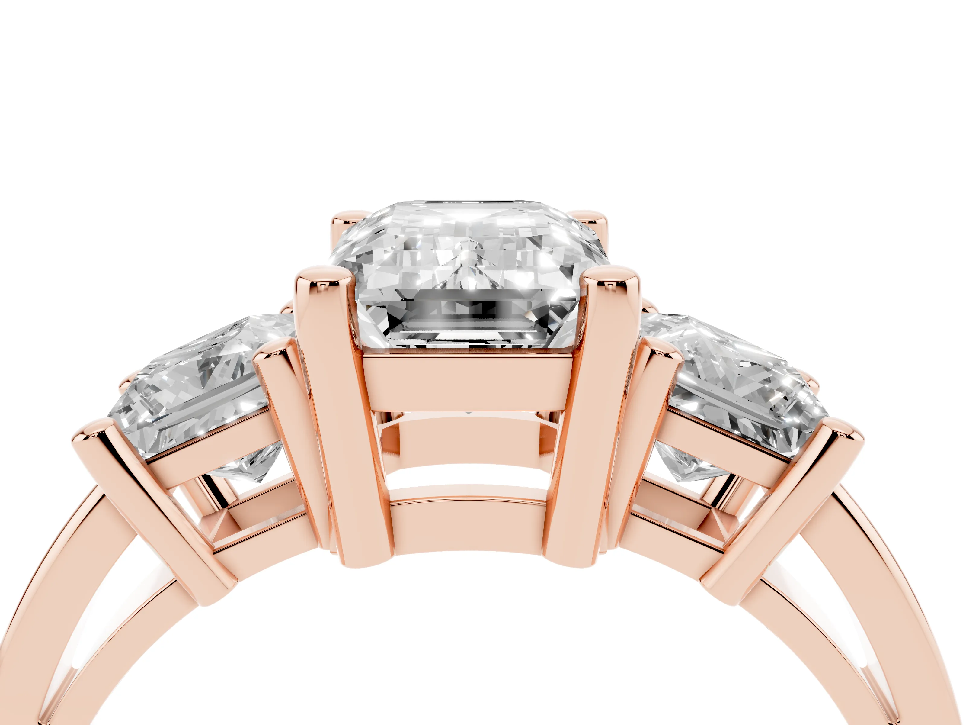 Three-Stone Emerald Cut Diamond Solitaire Ring Set in Rose gold with Prong Setting
