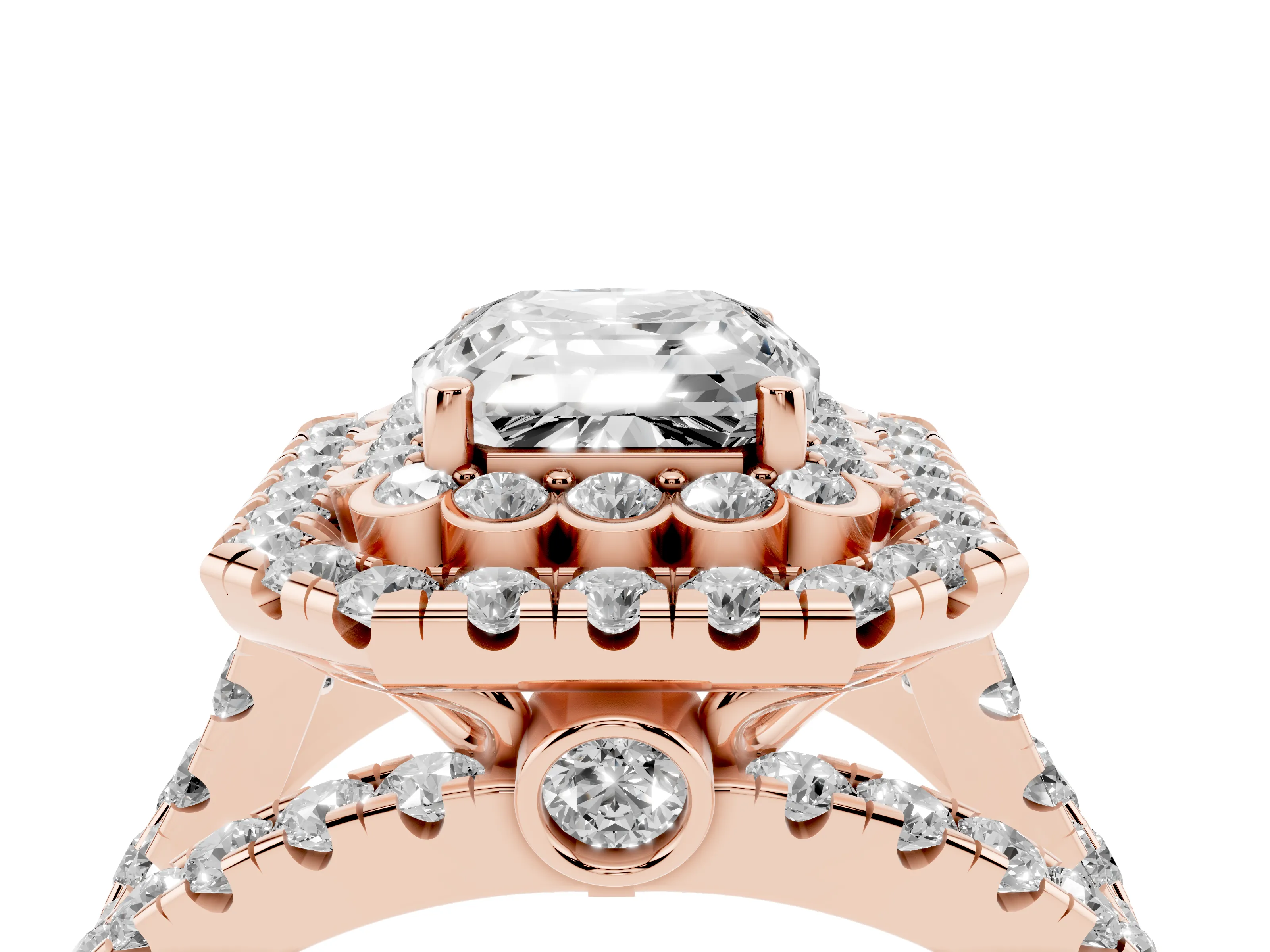 Emerald Cut Diamond Double Halo Ring Set in Rose gold with Round Pavé Split Shank