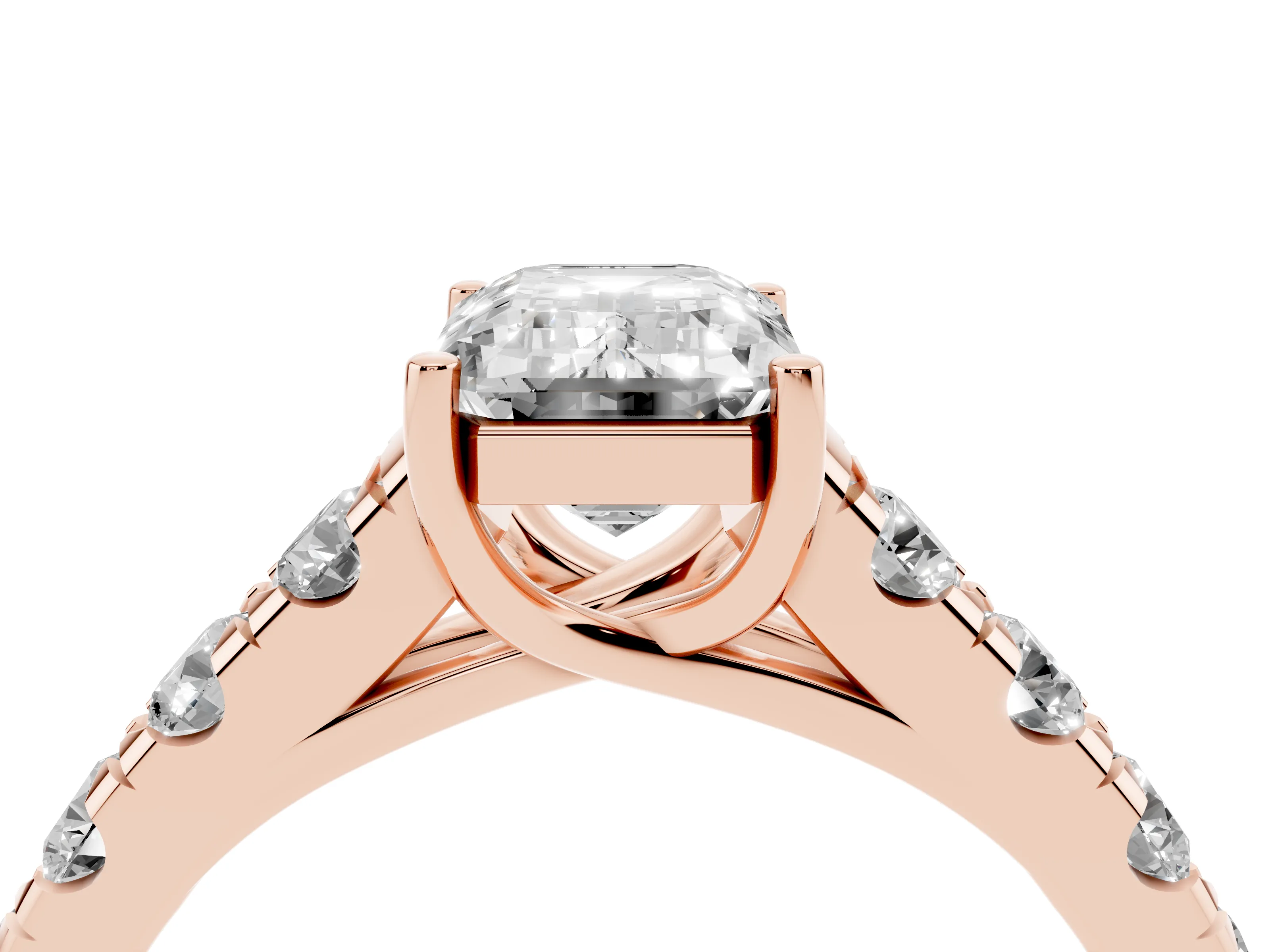 Emerald Cut Diamond Solitaire Ring Set in Rose gold with Cut-Down Micro Pavé Band and Prong Setting