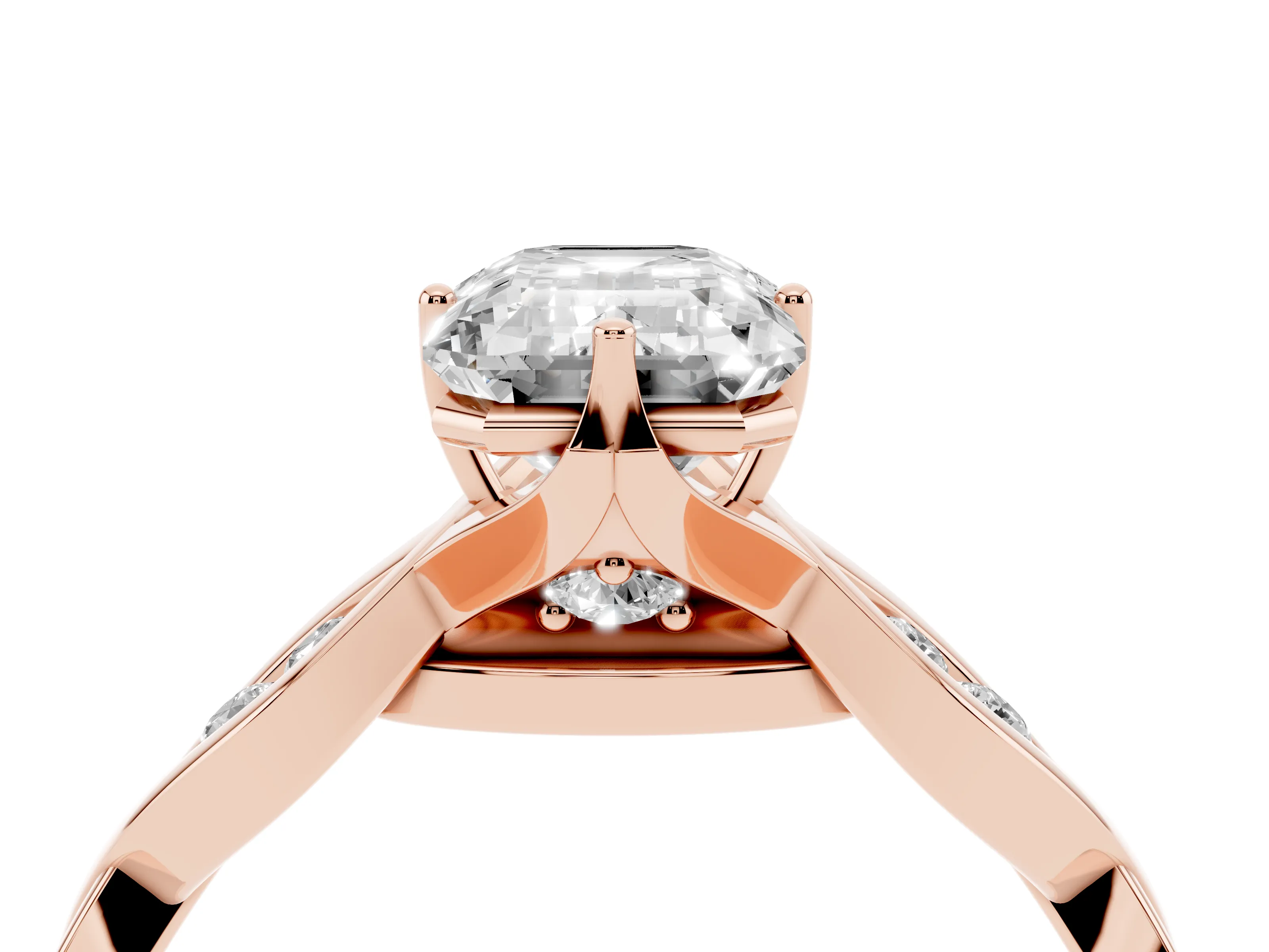 Emerald Cut Diamond Twist Band Solitaire Ring Set in Rose gold with Leaf Prong Setting and Accent Stones
