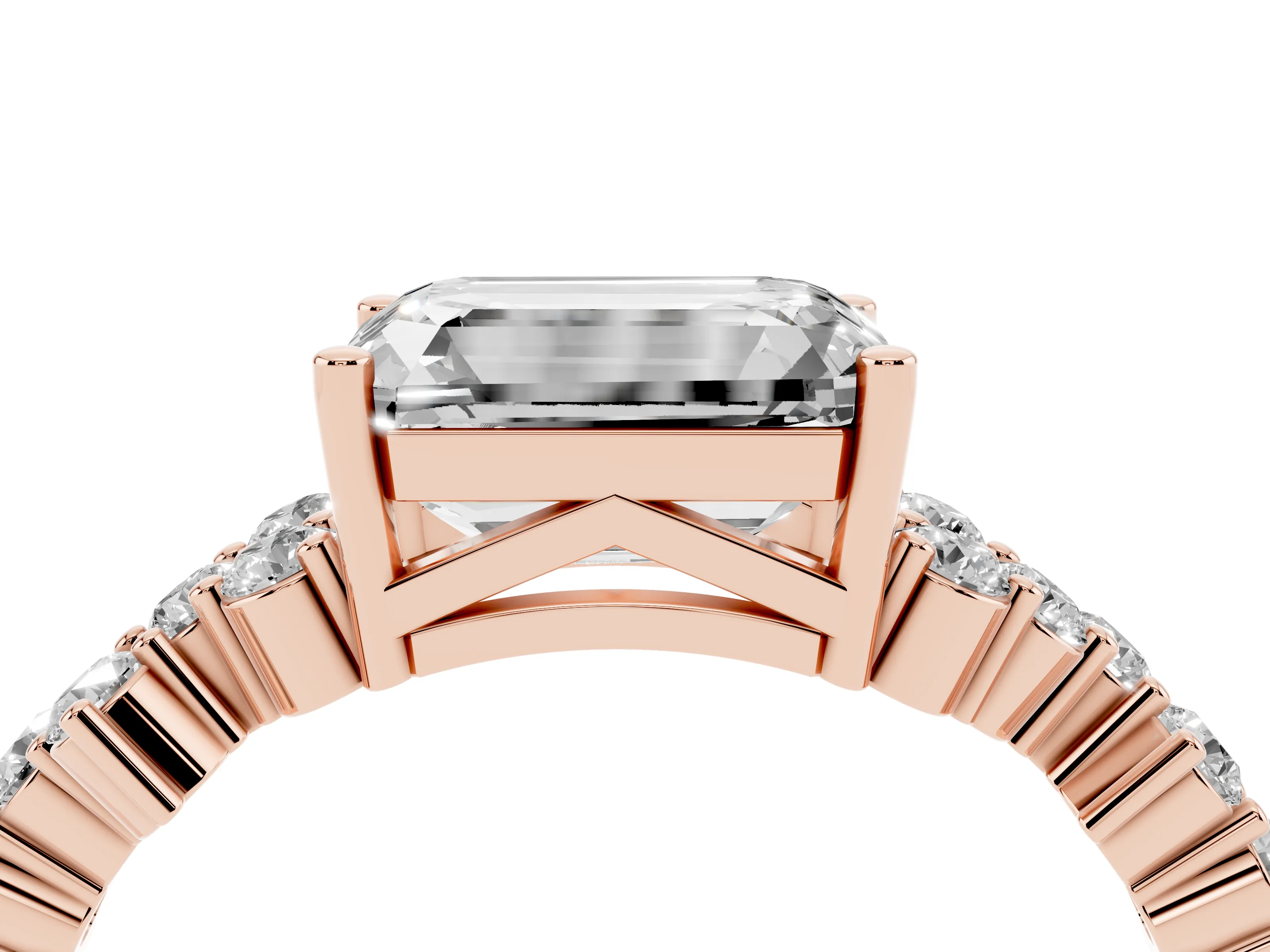 Emerald Cut Diamond Ring Set in Rose gold with Scattered Round Accents