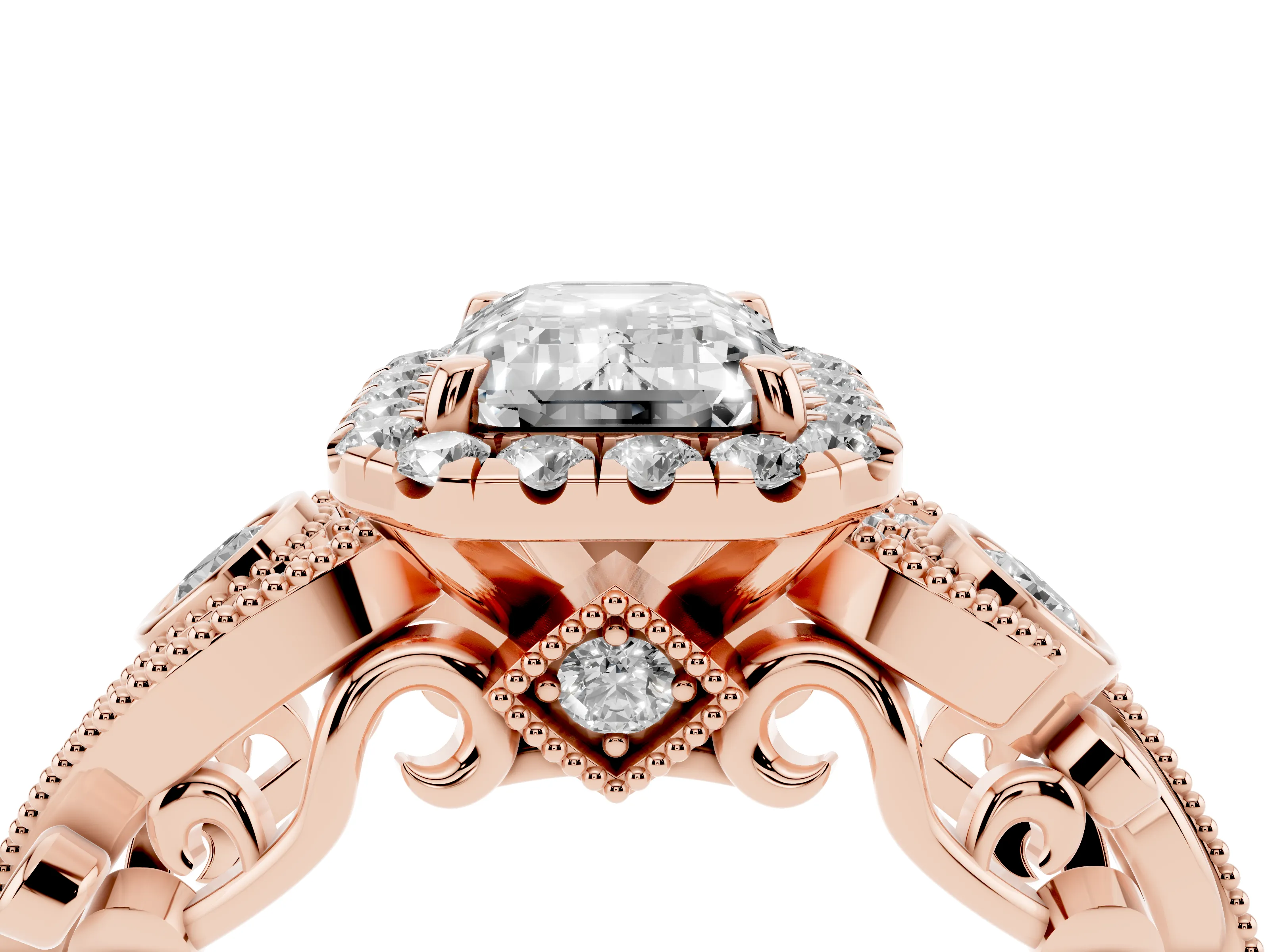 Emerald Cut Diamond Halo Ring Set in Rose gold with Milgrain Pavé Band and Prong Setting