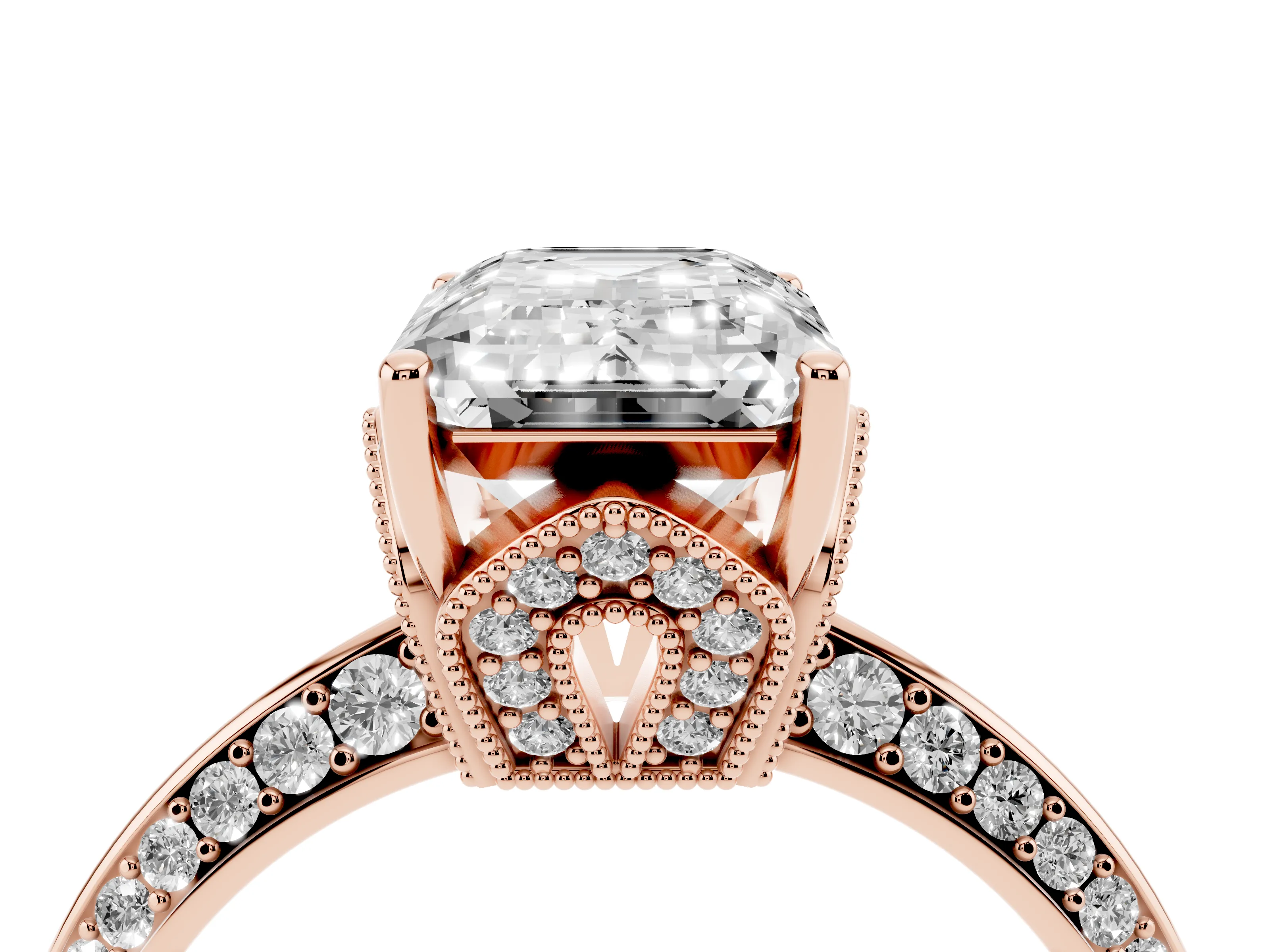 Emerald Cut Diamond Solitaire Engagement Ring Set in Rose gold with Pavé Split Shank and Prong Setting