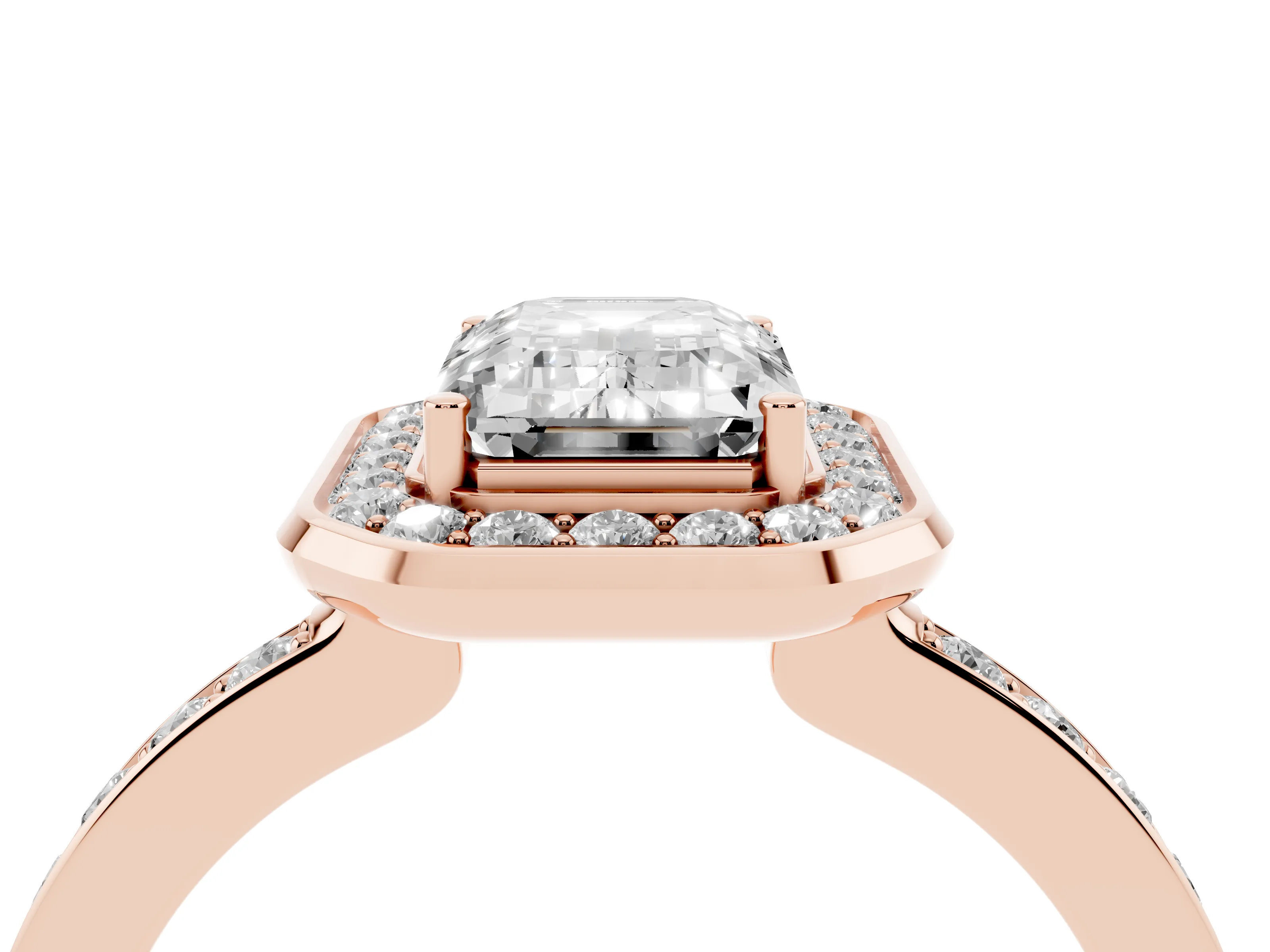 Emerald Cut Diamond Halo Ring Set in Rose gold with Bezel Frame and Pavé Band