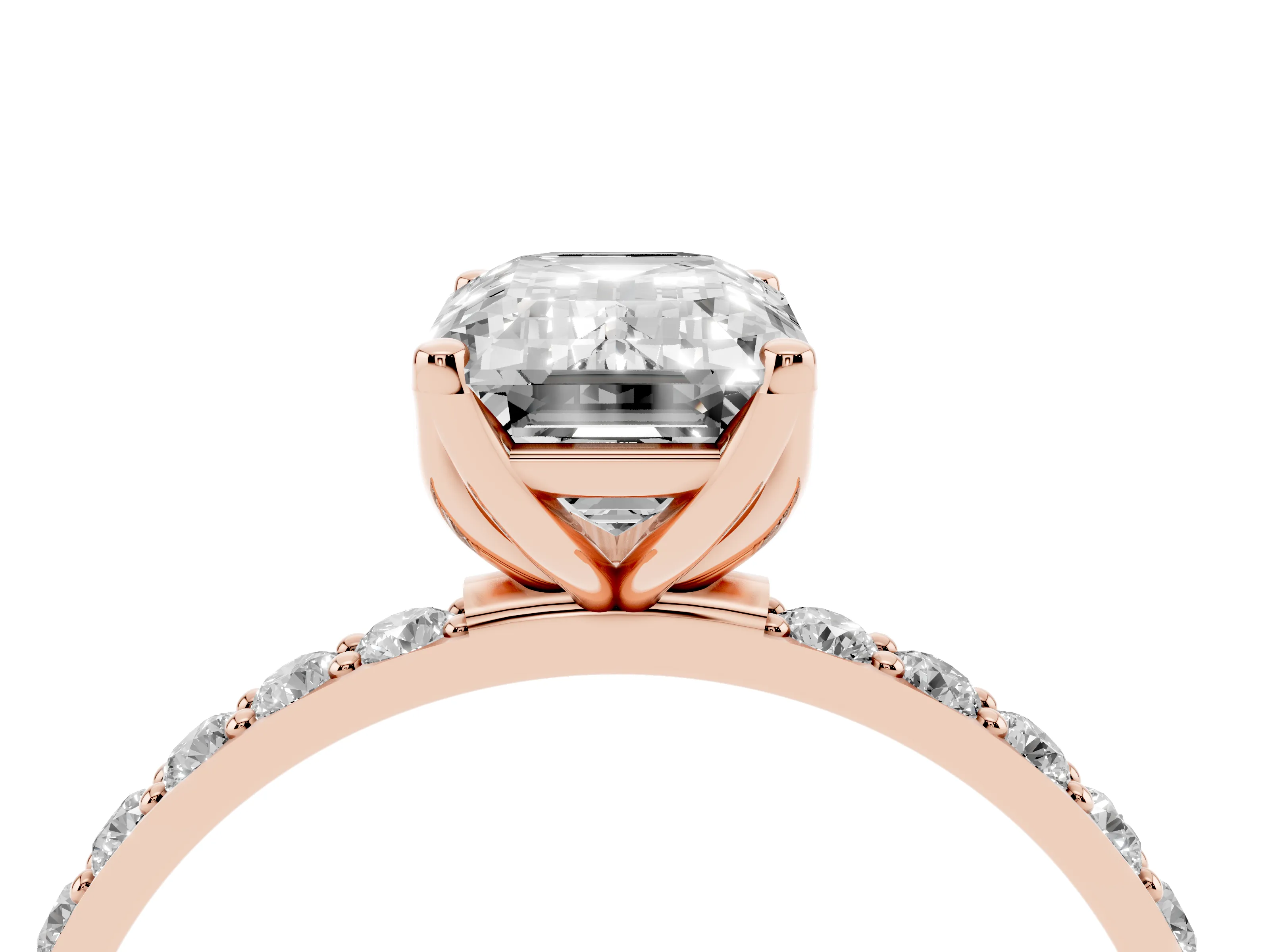 Emerald Cut Diamond Solitaire Engagement Ring Set in Rose gold with Round Pavé Band and Prong Setting
