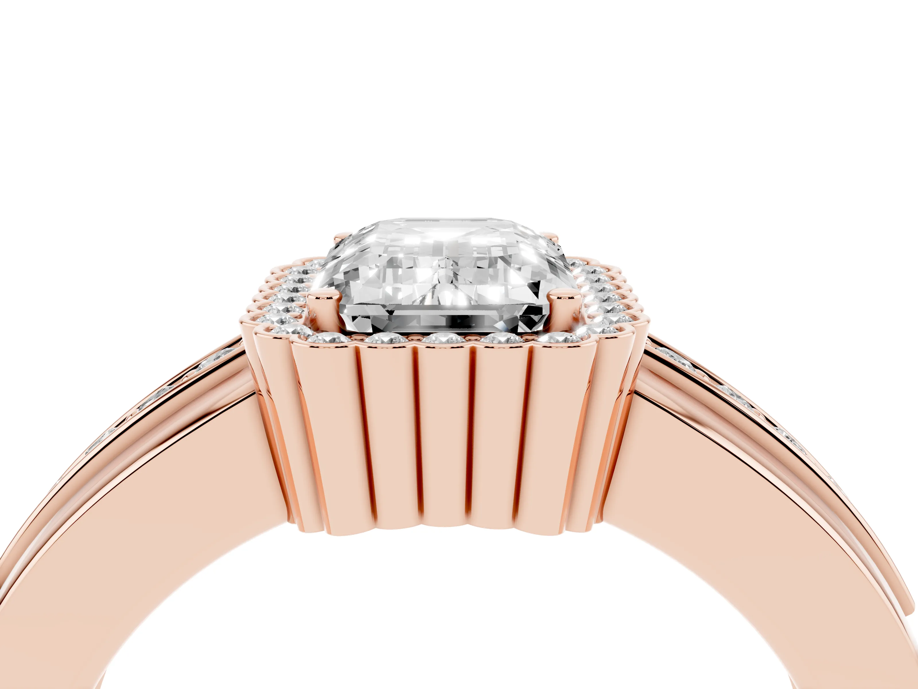 Emerald Cut Diamond Halo Prong Ring Set in Rose gold with Pavé Band