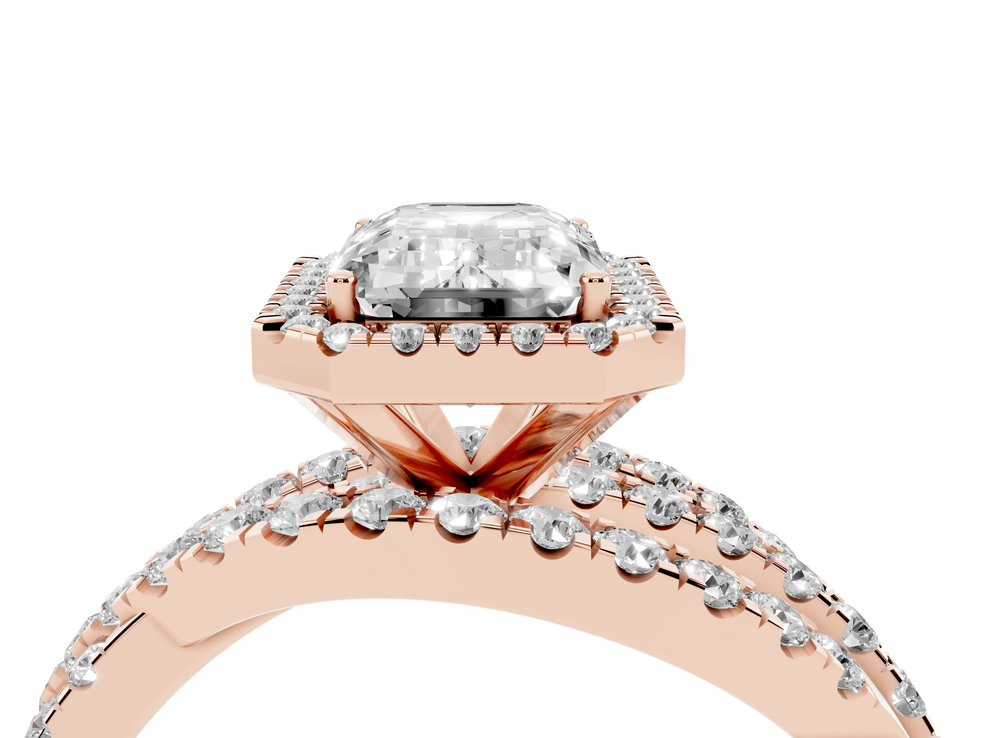 Emerald Cut Diamond Halo Ring Set in Rose gold with Round Crossover Split Shank and Prong Setting