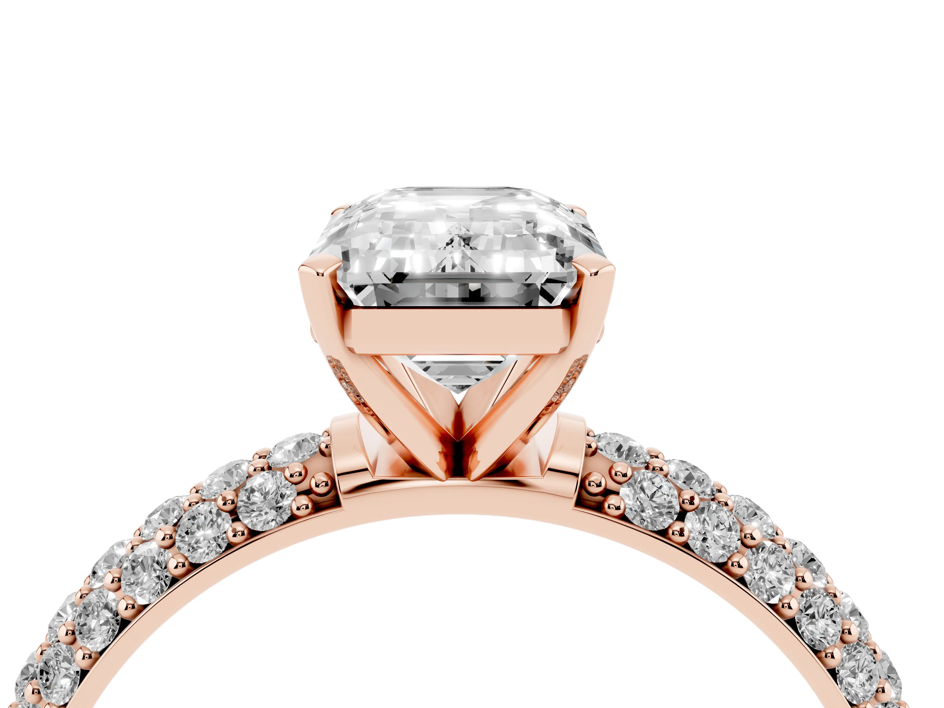 Emerald Cut Diamond Solitaire Ring Set in Rose gold with Prong Setting and Pavé-Set Band