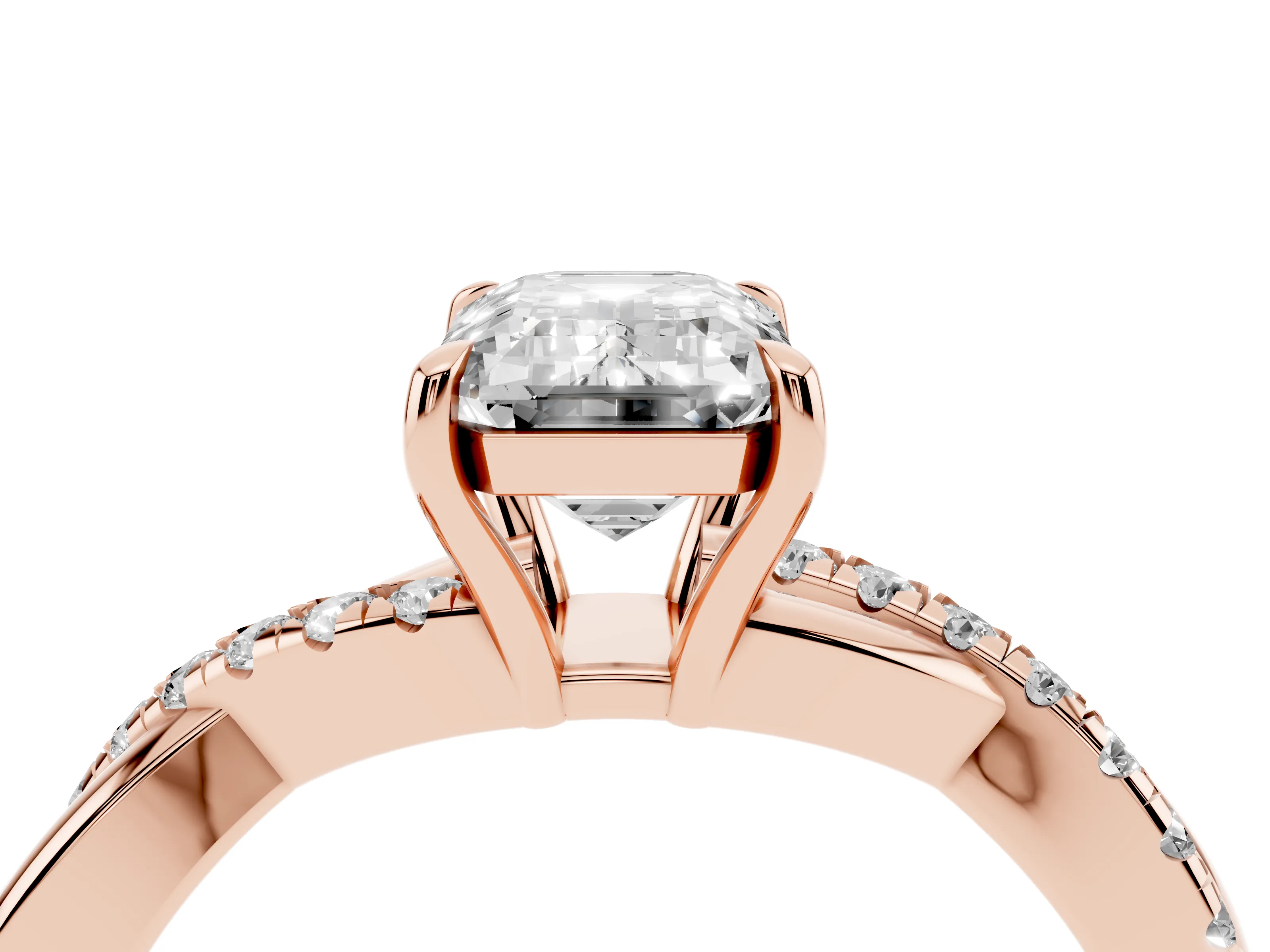 Emerald Cut Diamond Twisted Pavé Band Ring Set in Rose gold with Prong Setting