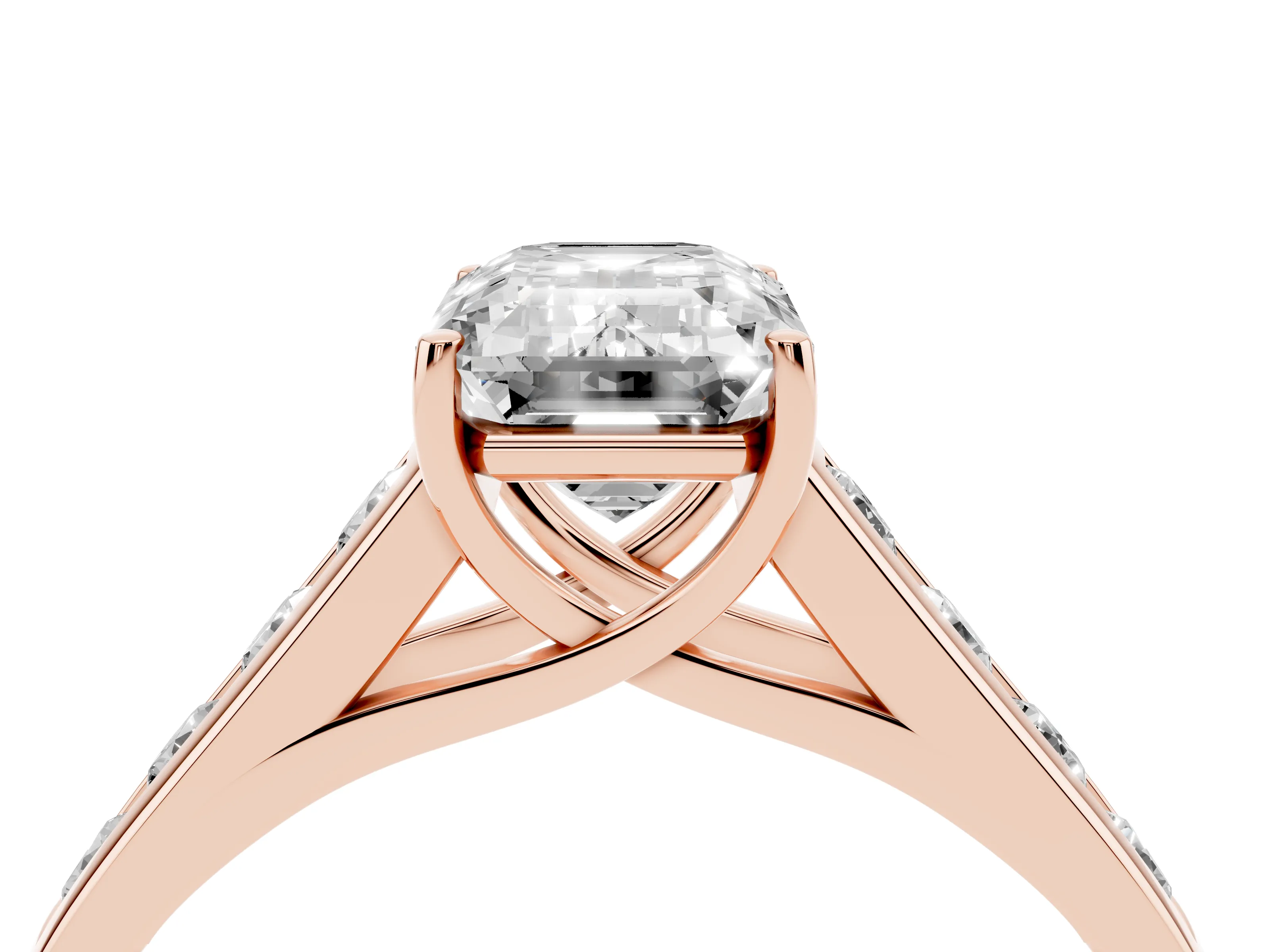 Emerald Cut Diamond Solitaire Channel-Set Engagement Ring Set in Rose gold with Prong Setting
