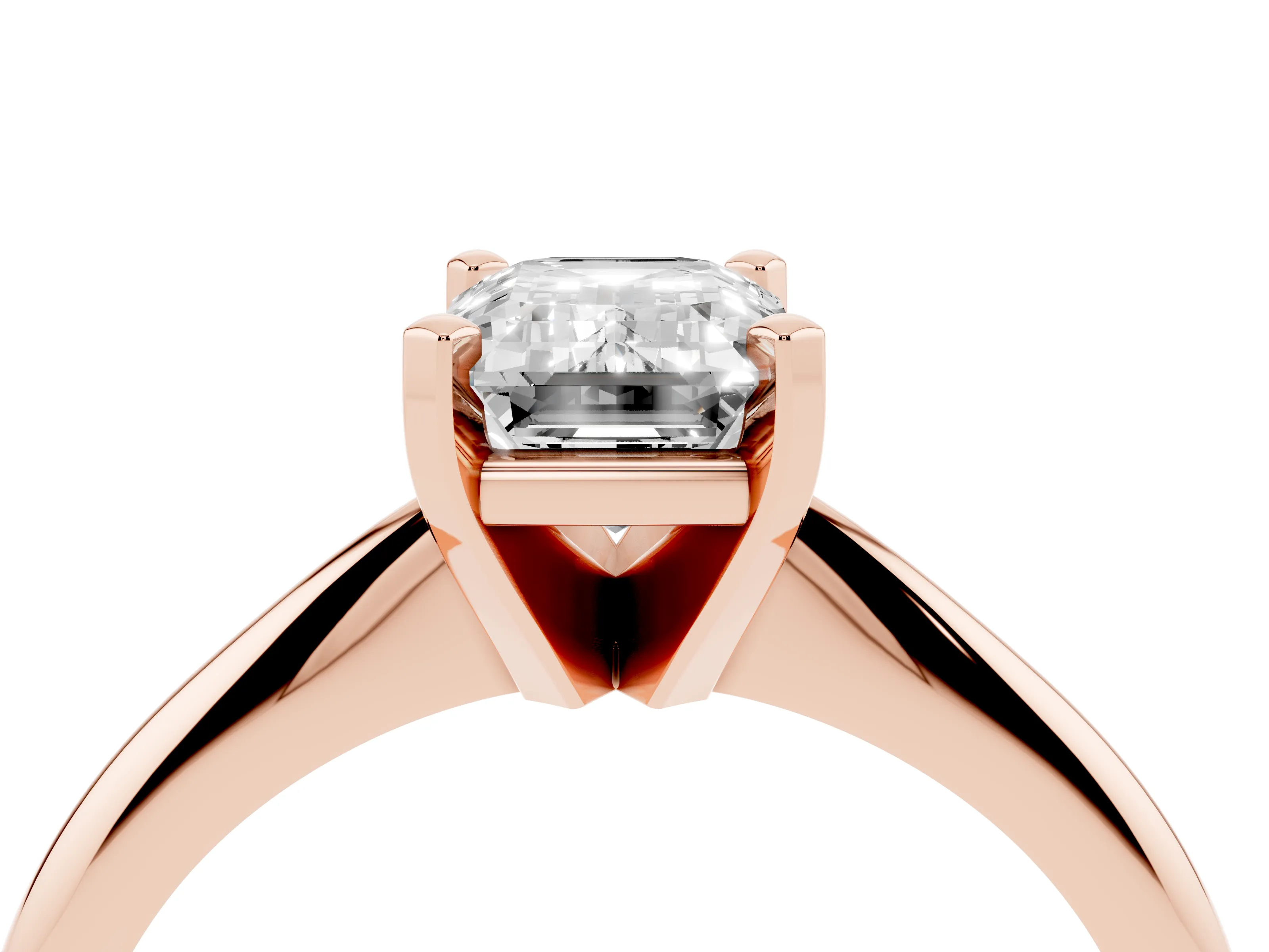 Emerald Cut Diamond Solitaire Ring Set in Rose gold with Prong Setting on a Plain Round Band